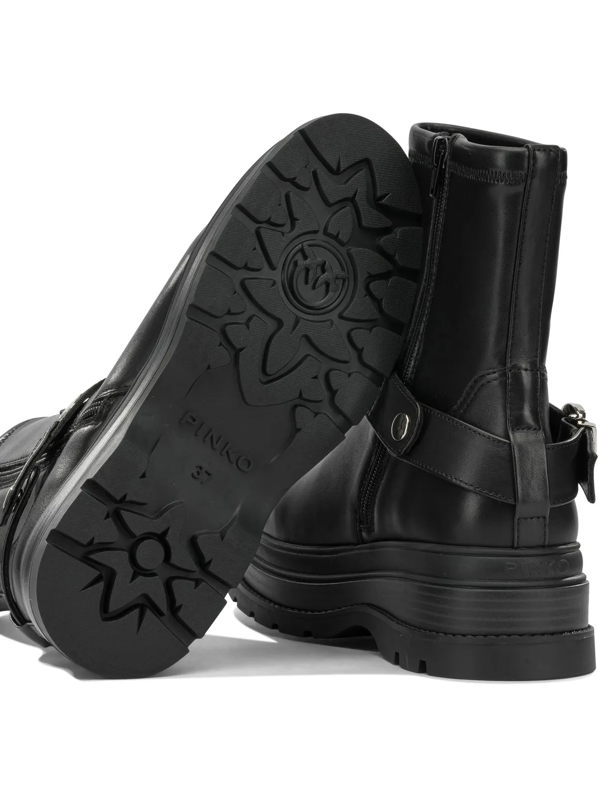 Pinko Ankle Boots With Silver Buckle And Sturdy Sole In Black