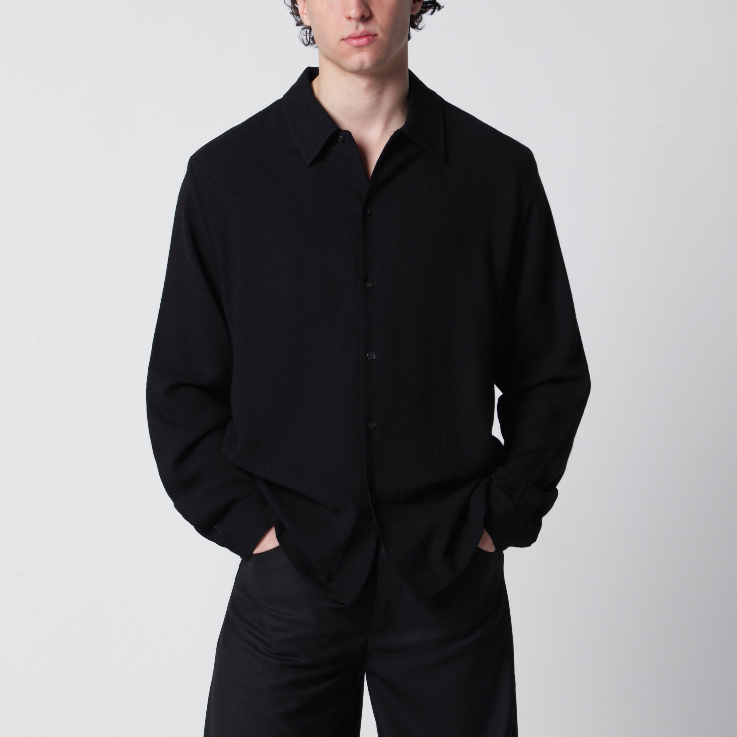Séfr Sense Black Wool-Blend Crêpe Shirt