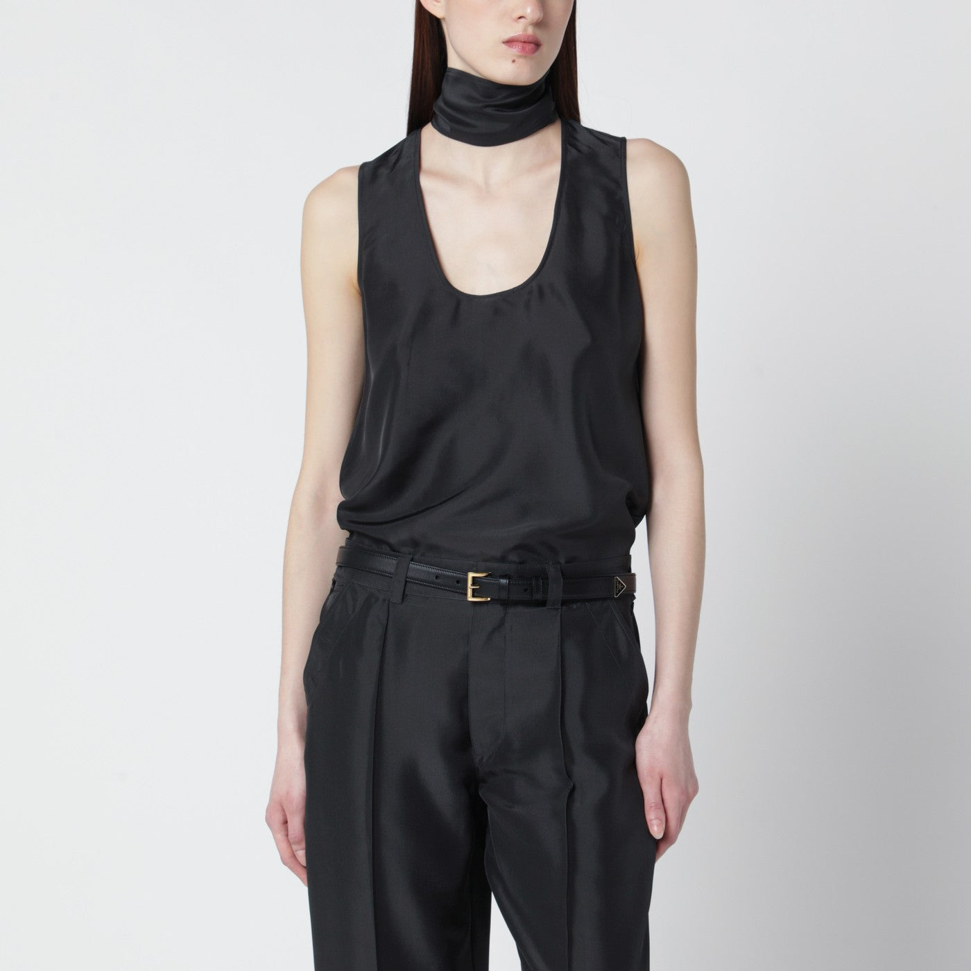 Dark Grey Silk Tank Top With Scarf