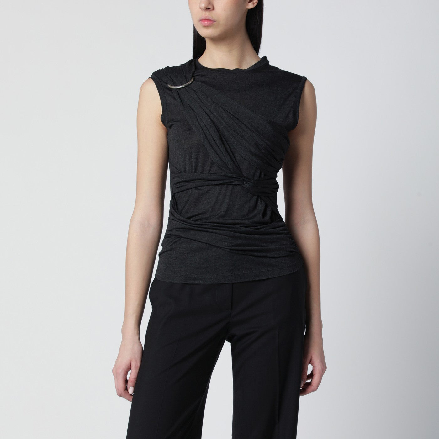 Black Mélange Tank Top With Braided Details