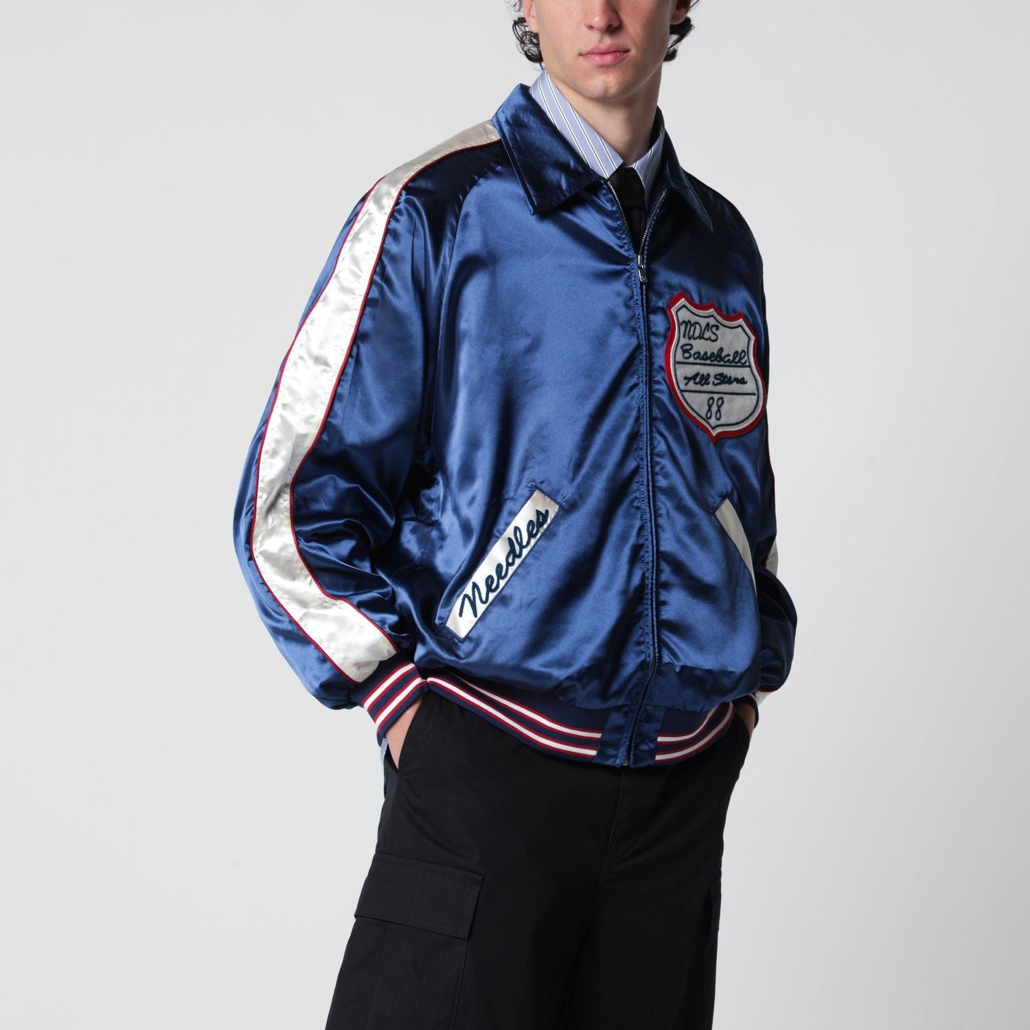 Stadium Jacket In Polyester Satin, Navy