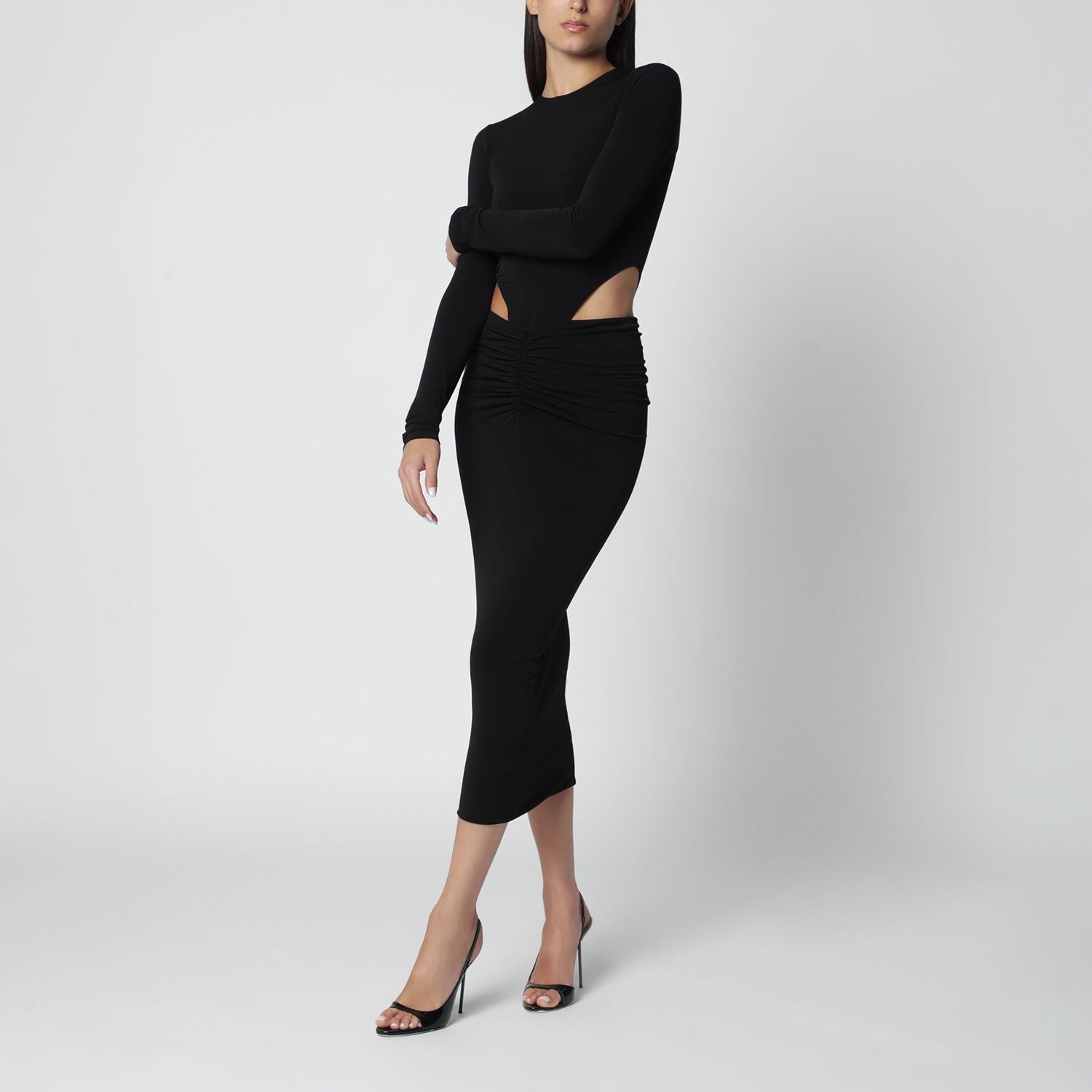 Black Midi Dress With Waist Cutout Detail