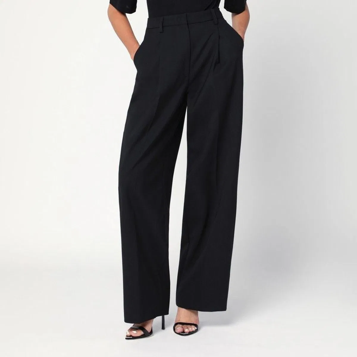 Wide-Leg Black Wool Blend Trousers