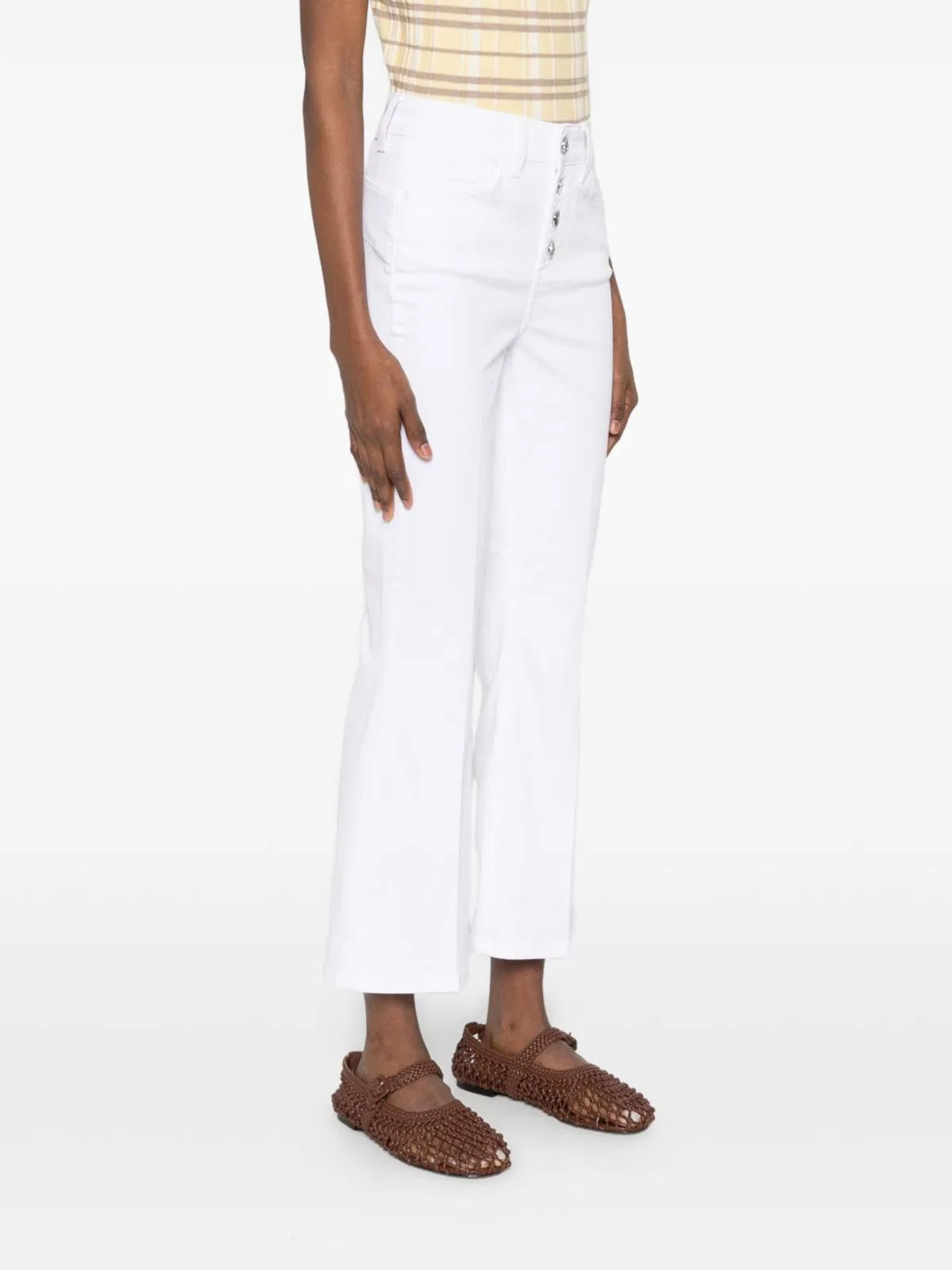 White Jeans With Silver Logo Buttons