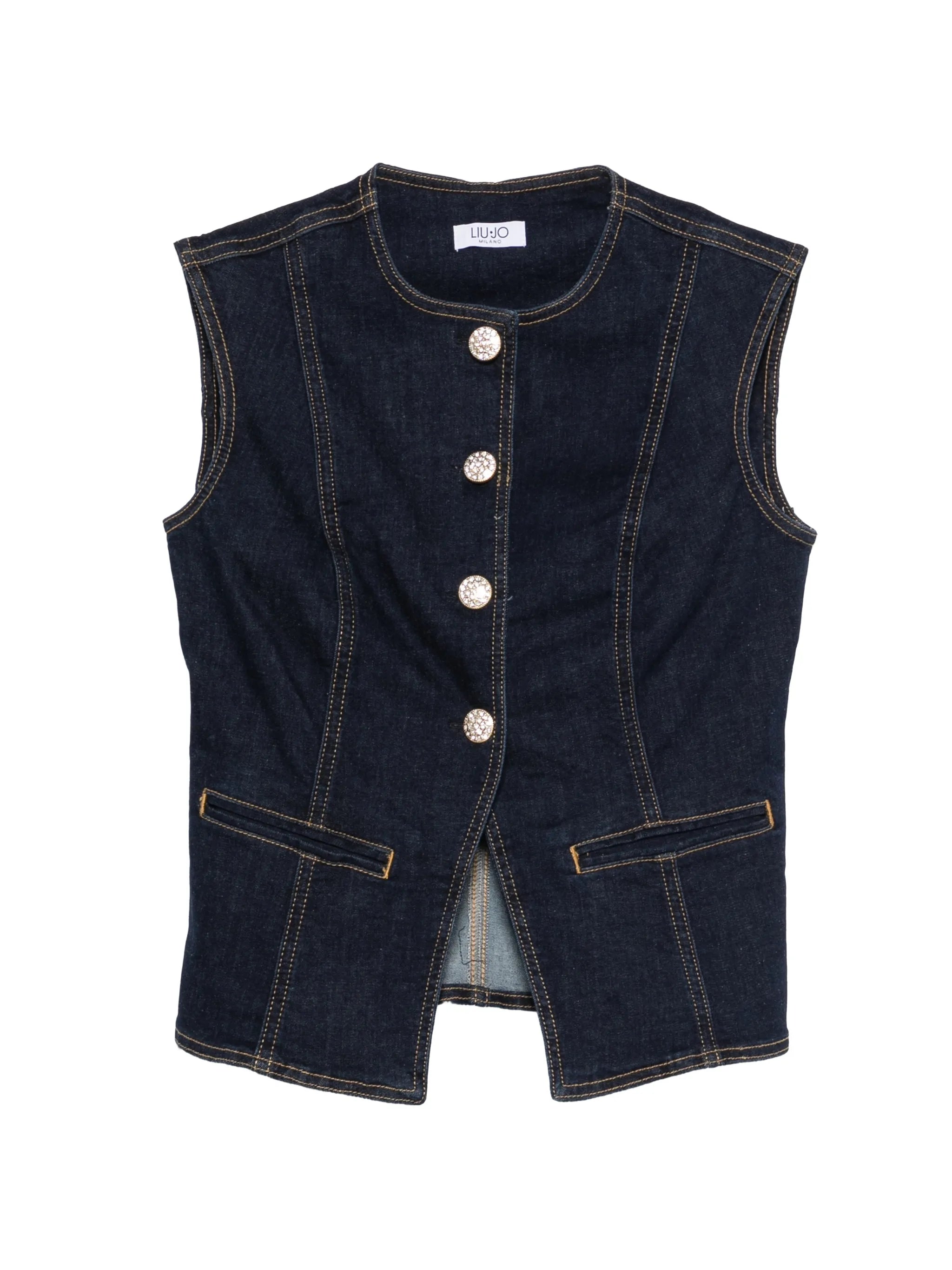 Dark Denim Vest With Glitter Buttons