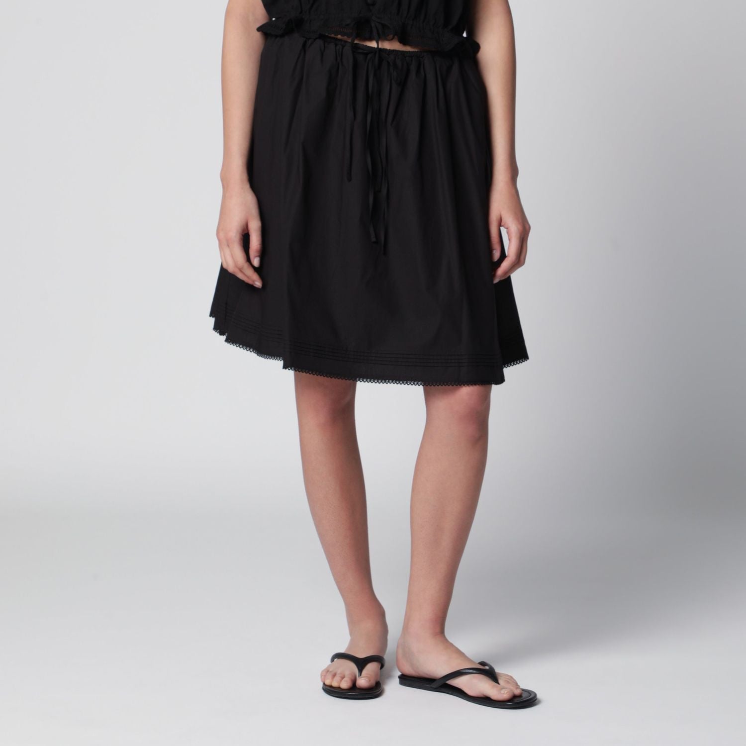 Black Cotton Midi Full Skirt