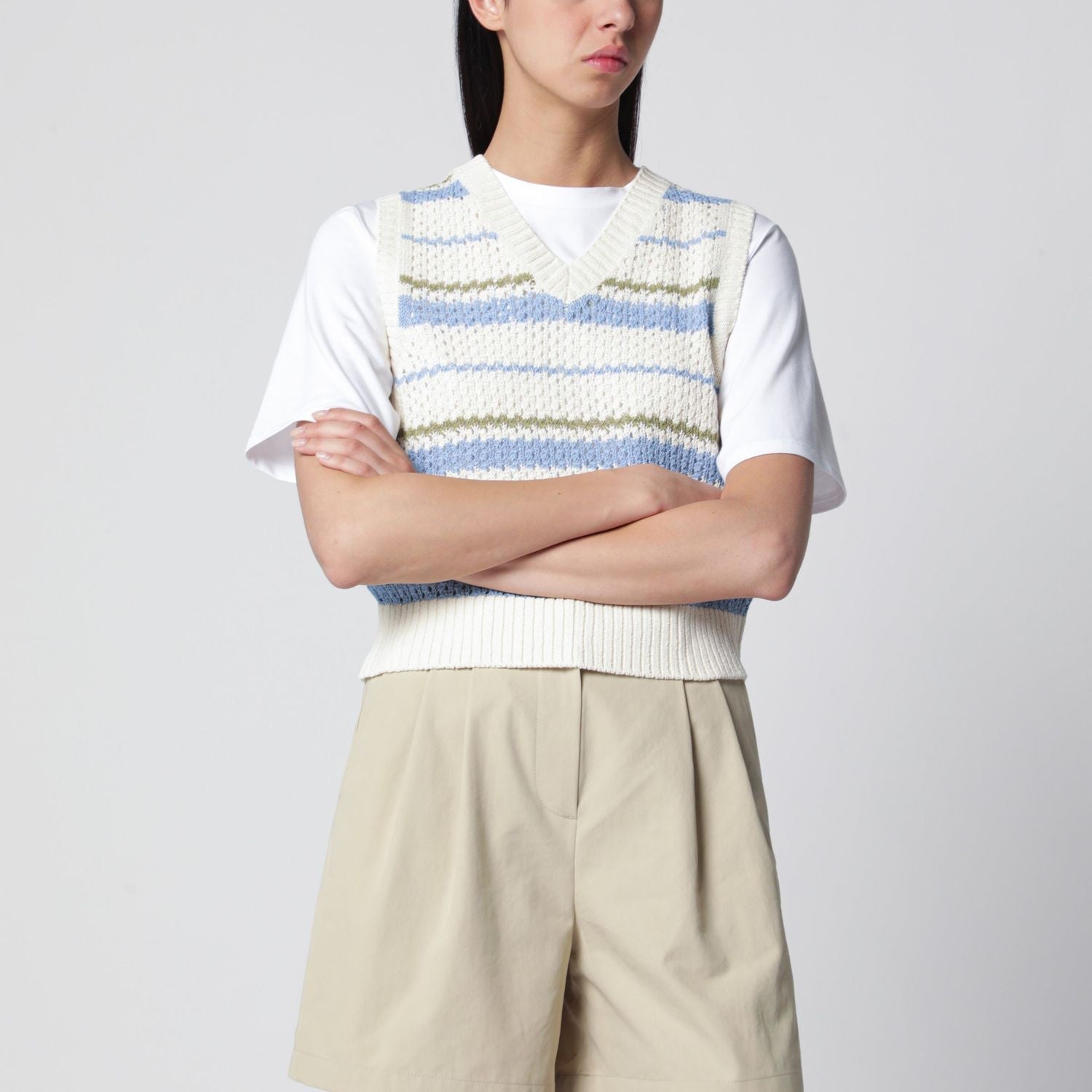 Ivory/Green/Light Blue Striped Crocheteffect Vest