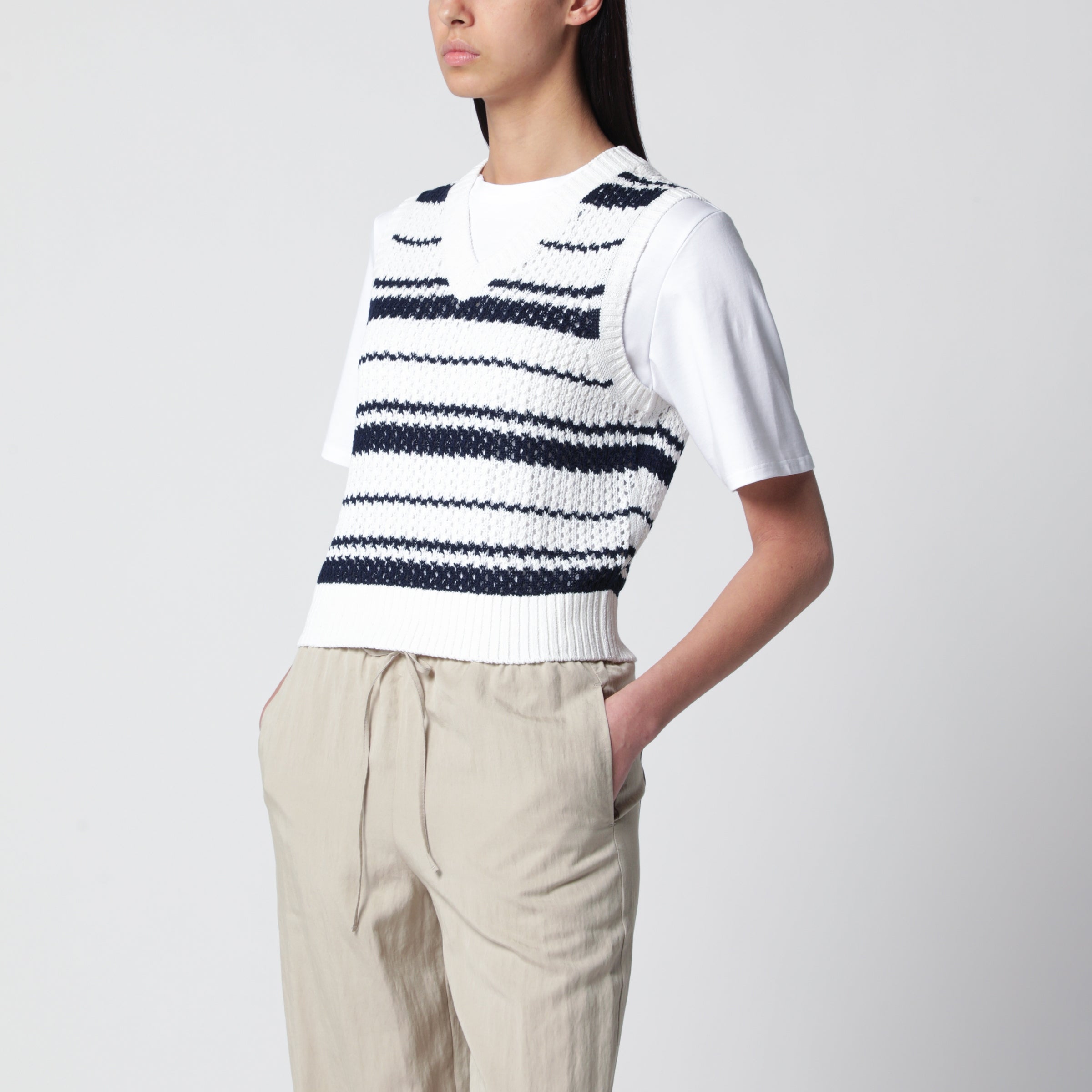 White/Navy Blue Striped Crochet-Effect Vest