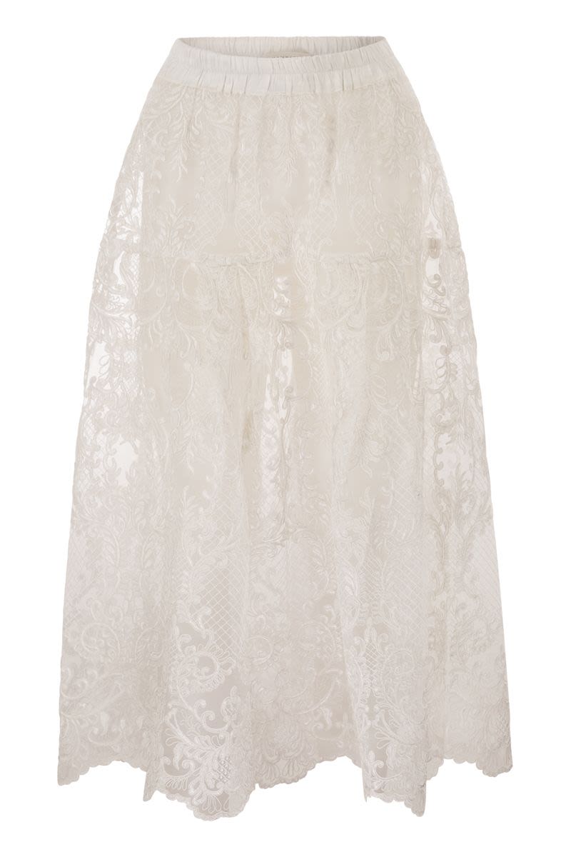 Embroidered Lace Midi Skirt With Elasticated Waist