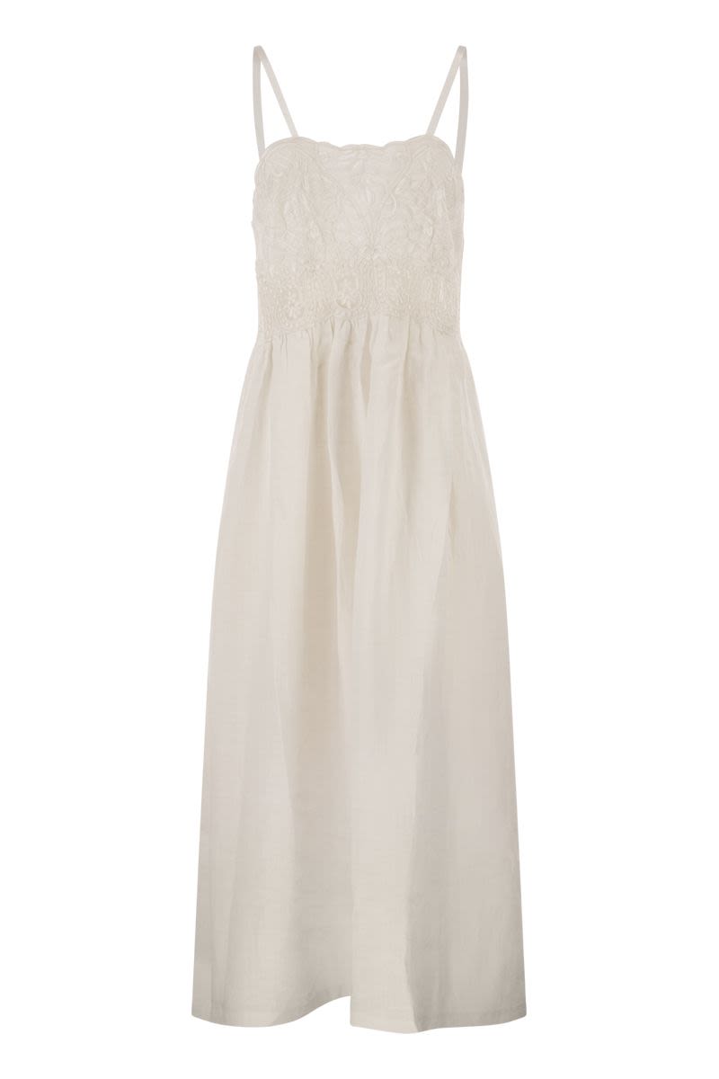 Long Linen Dress With Embroidered Bodice And Slim Straps