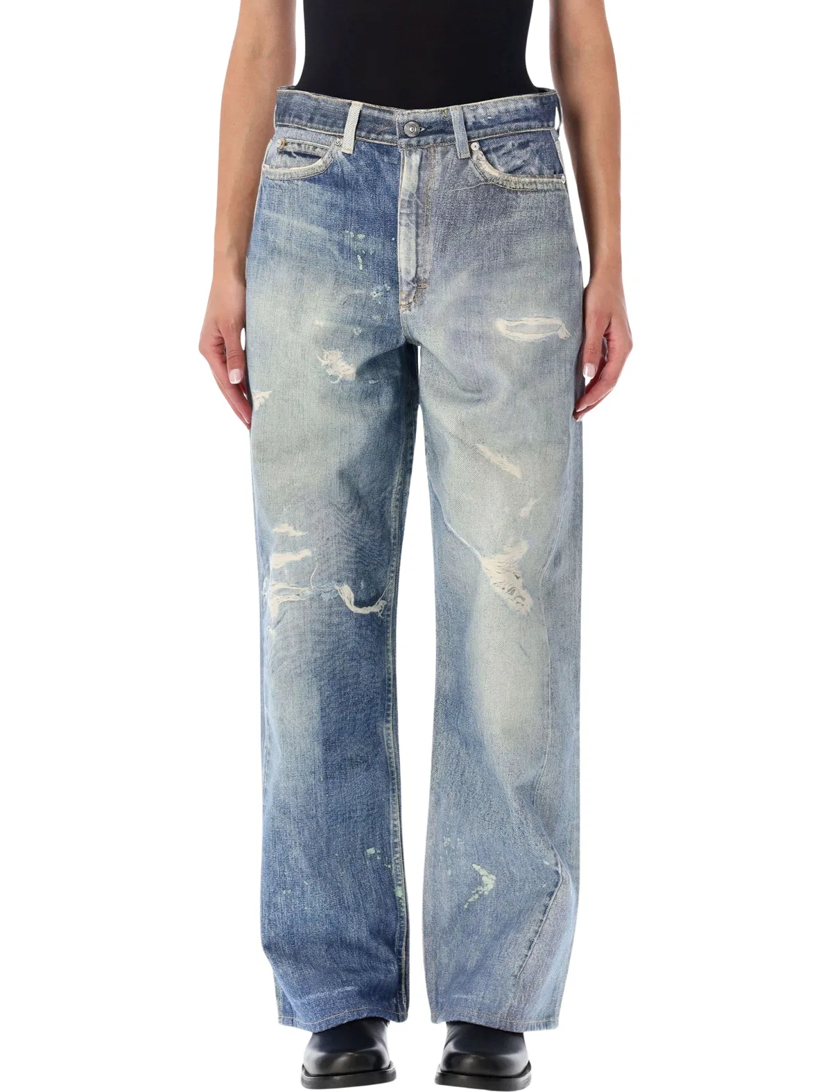 Our Legacy High Waist Boyfriend Jeans With Distressed Finish In Light Blue
