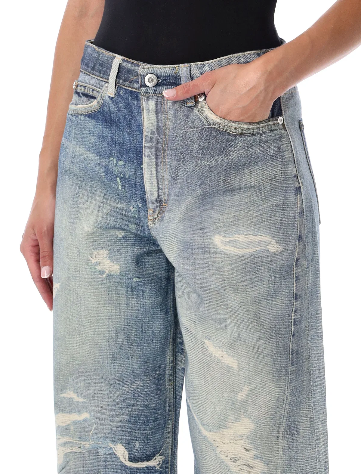 Our Legacy High Waist Boyfriend Jeans With Distressed Finish In Light Blue