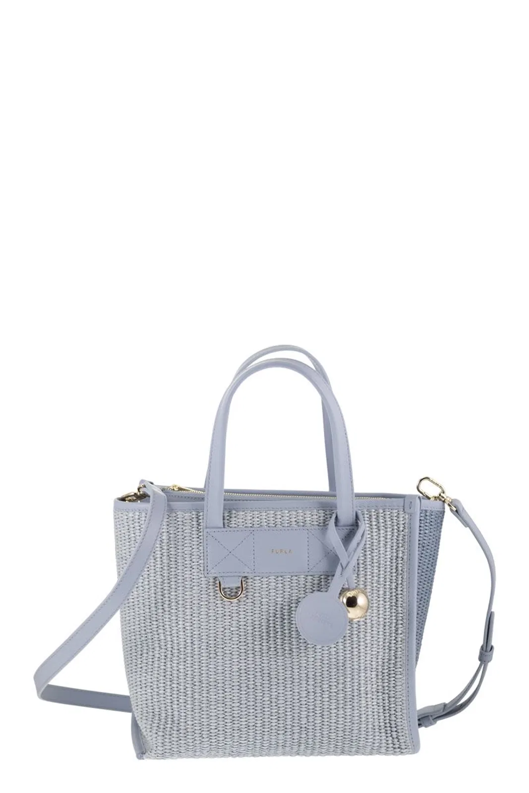 Furla Divide It S – Tote Bag In Leather And Woven Fabric In Light Blue