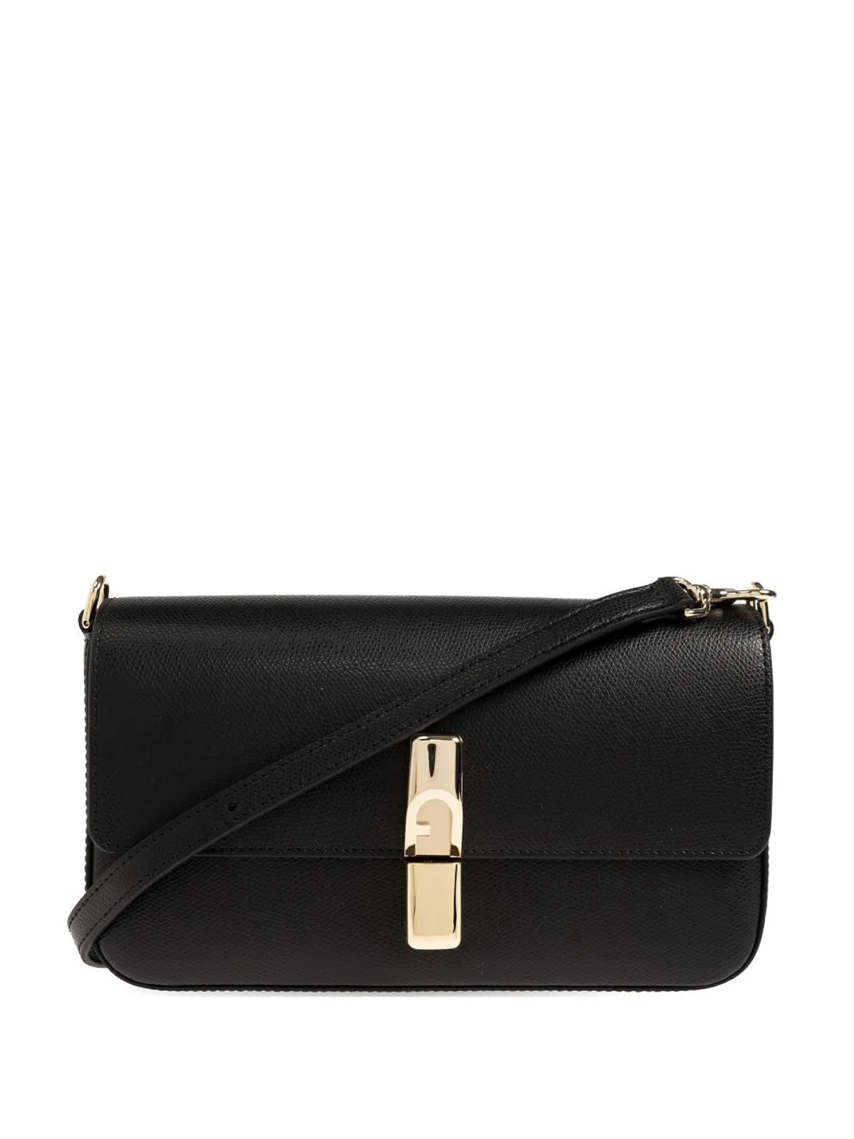 Black Furla Iride Small Crossbody Bag In Grained Leather Featuring Gold-Tone Hardware And Magnetic Closure.