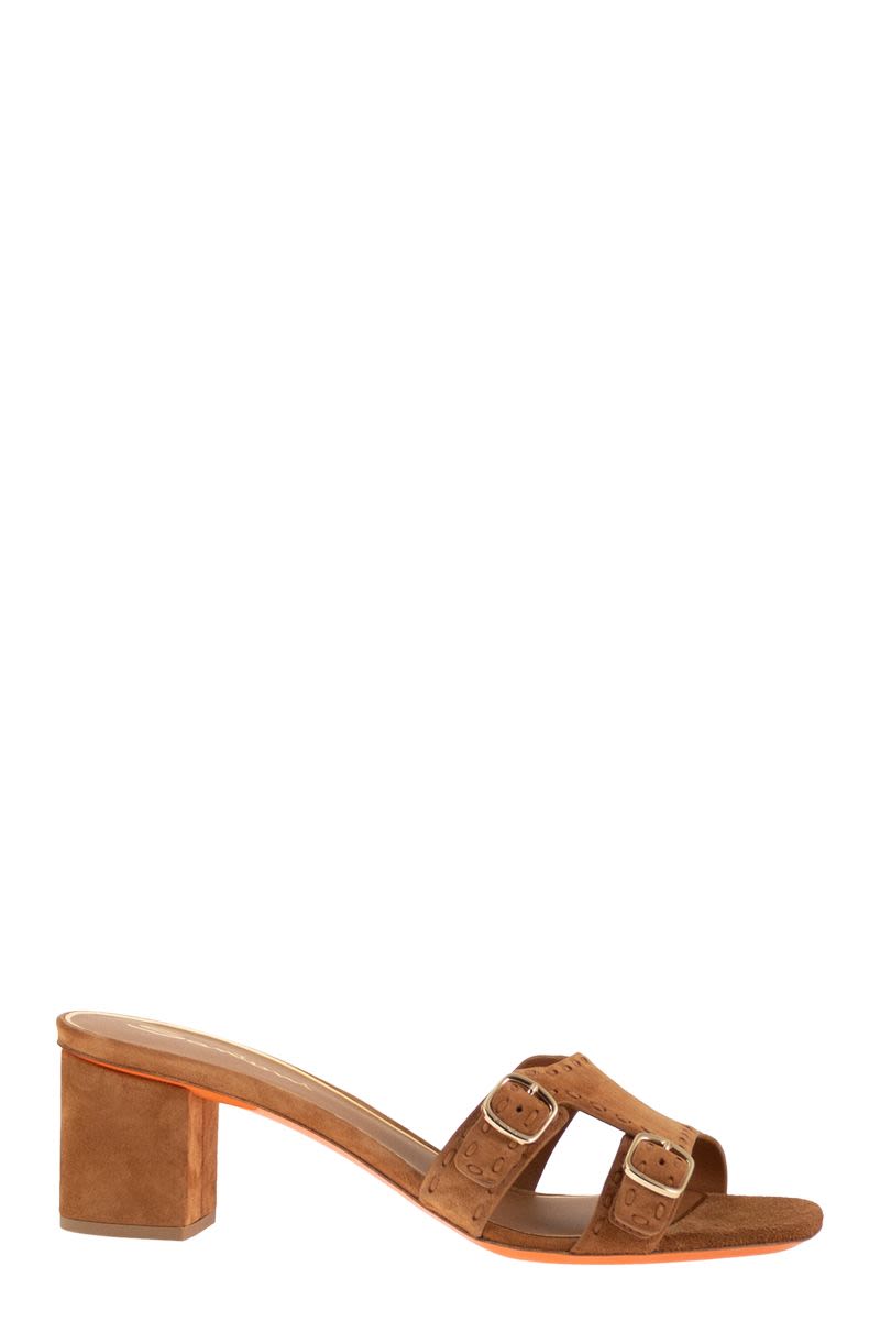 Suede Mule Sandals With Double Buckle And Block Heel