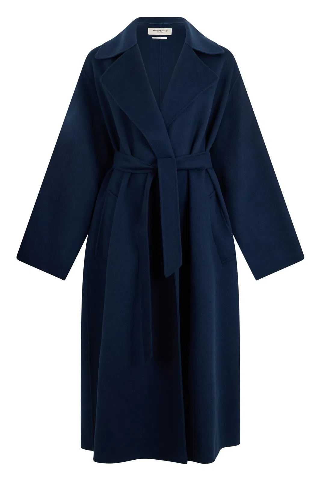 Weekend Max Mara Long Virgin Wool Belted Lapel Coat In Blue