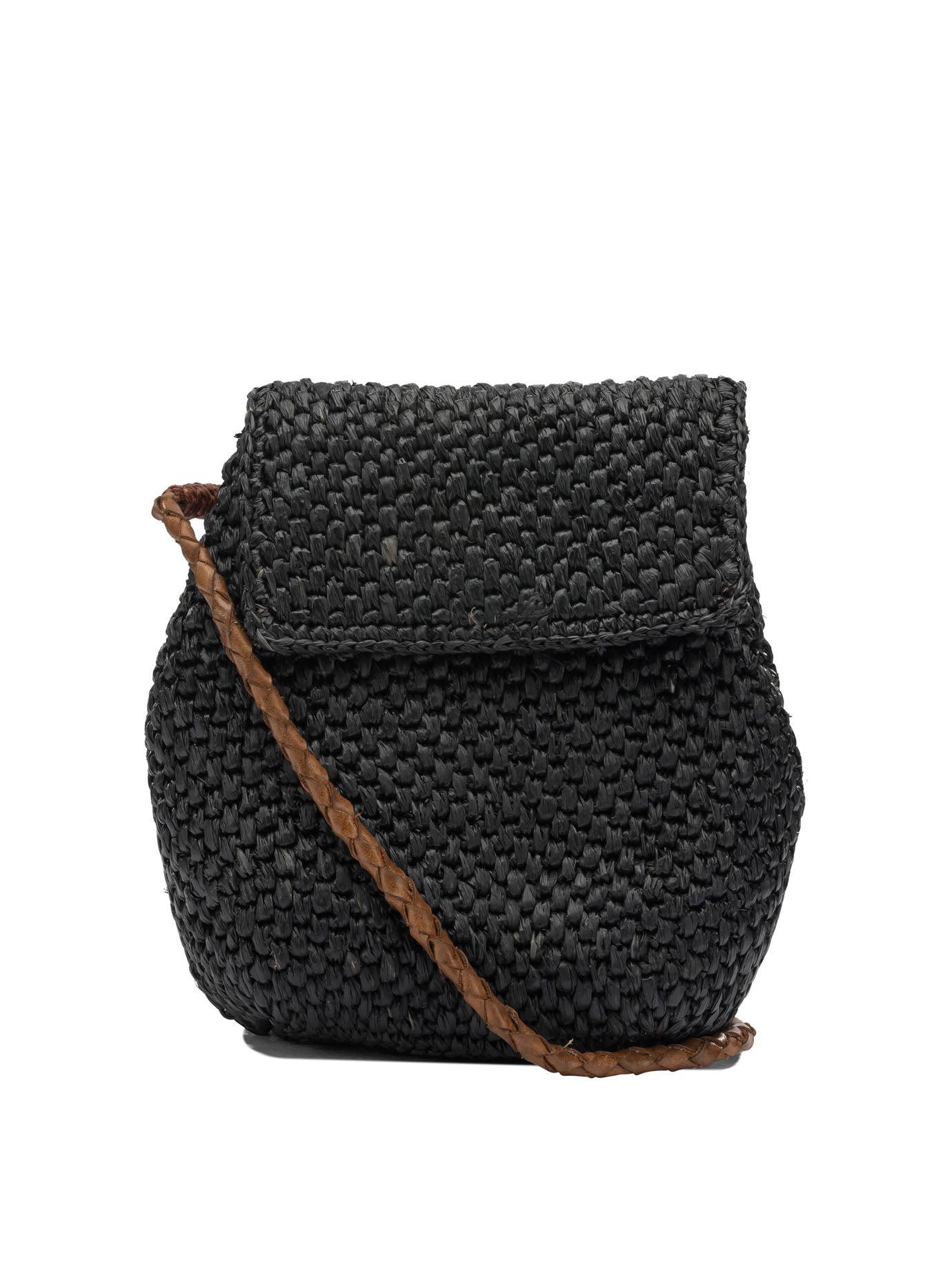 Black Raffia Leather Crossbody Bag
