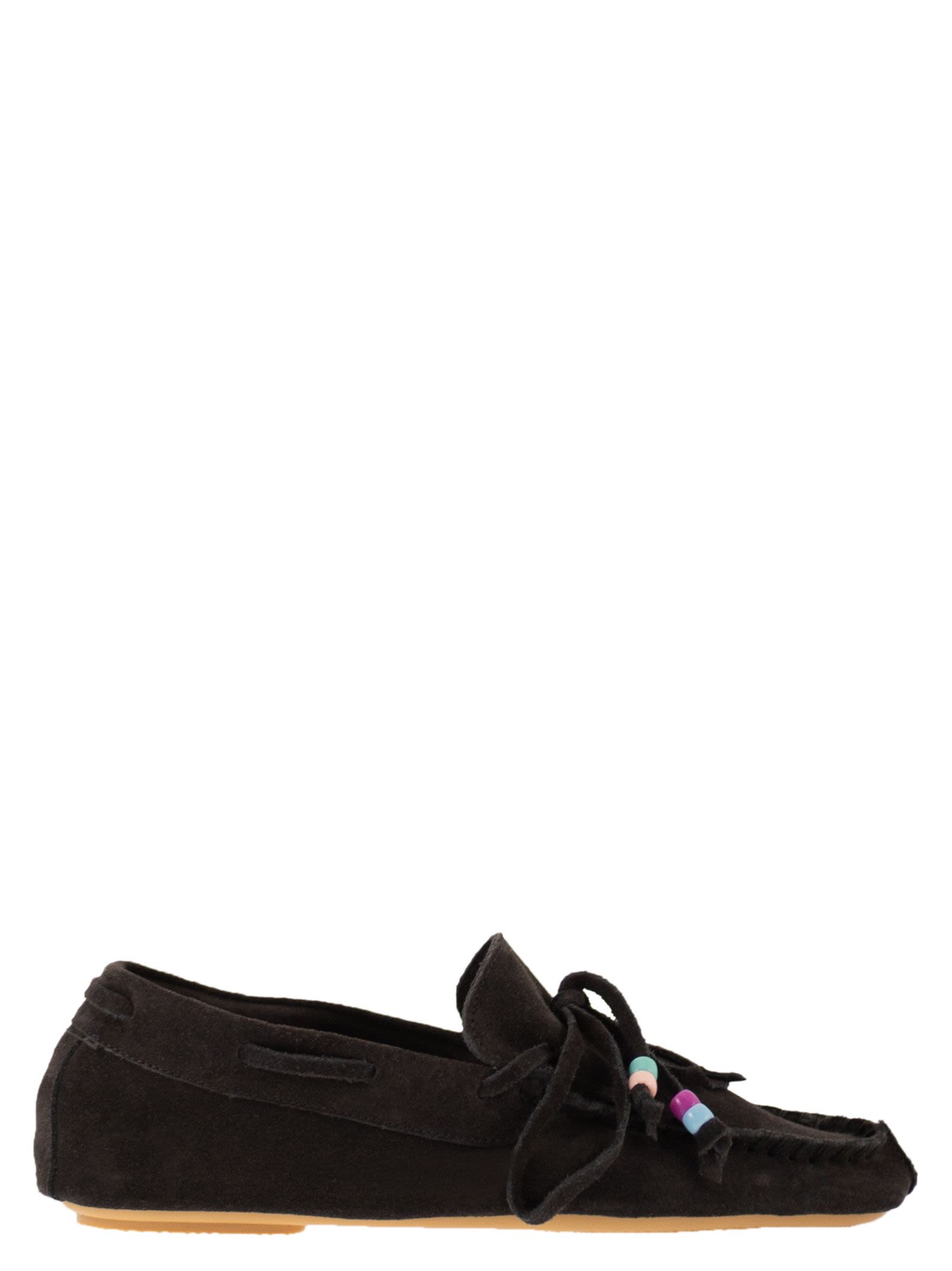Suede Loafers With Fringes And Decorative Laces
