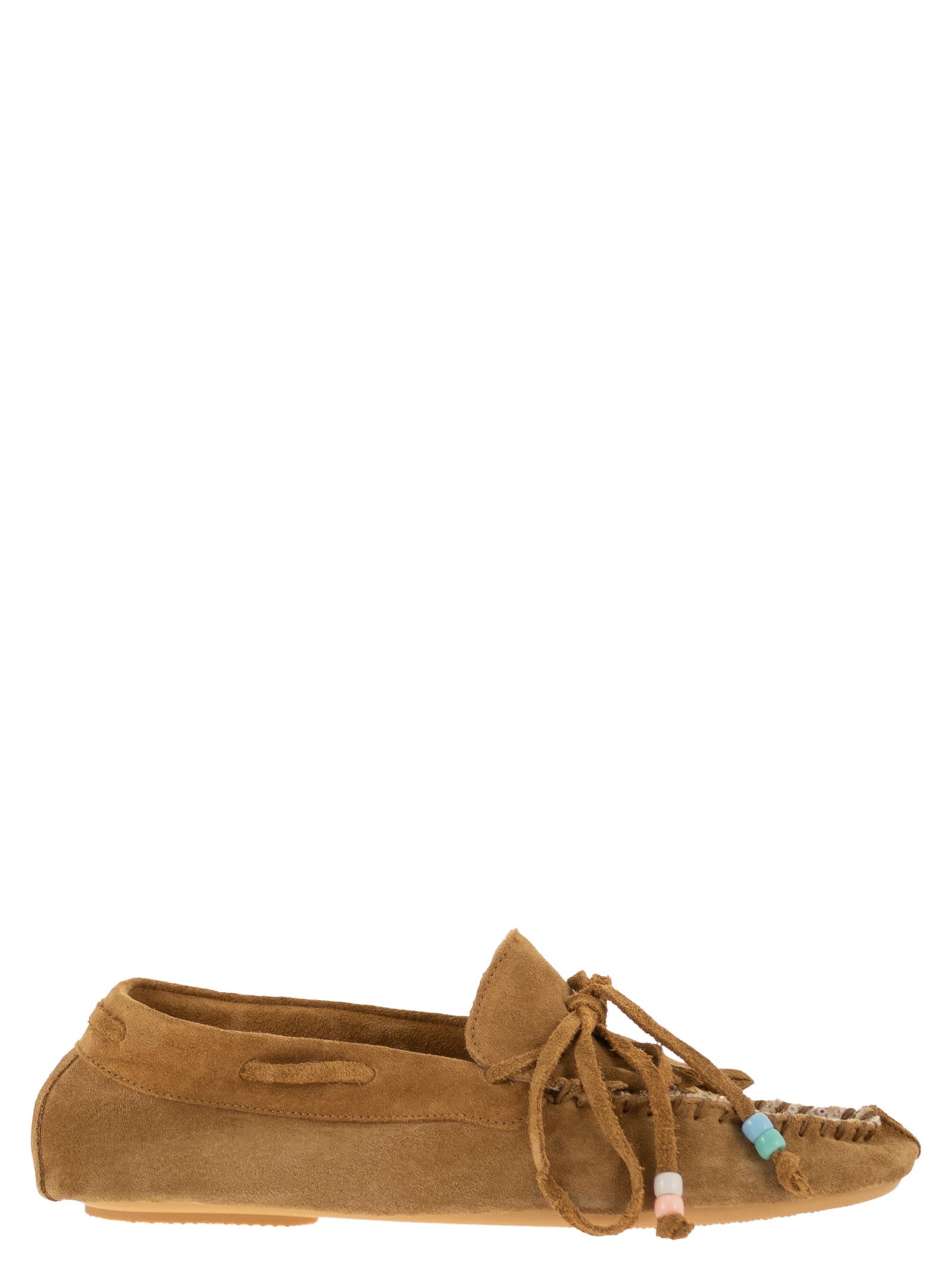 Suede Loafers With Fringes And Sequin Detail