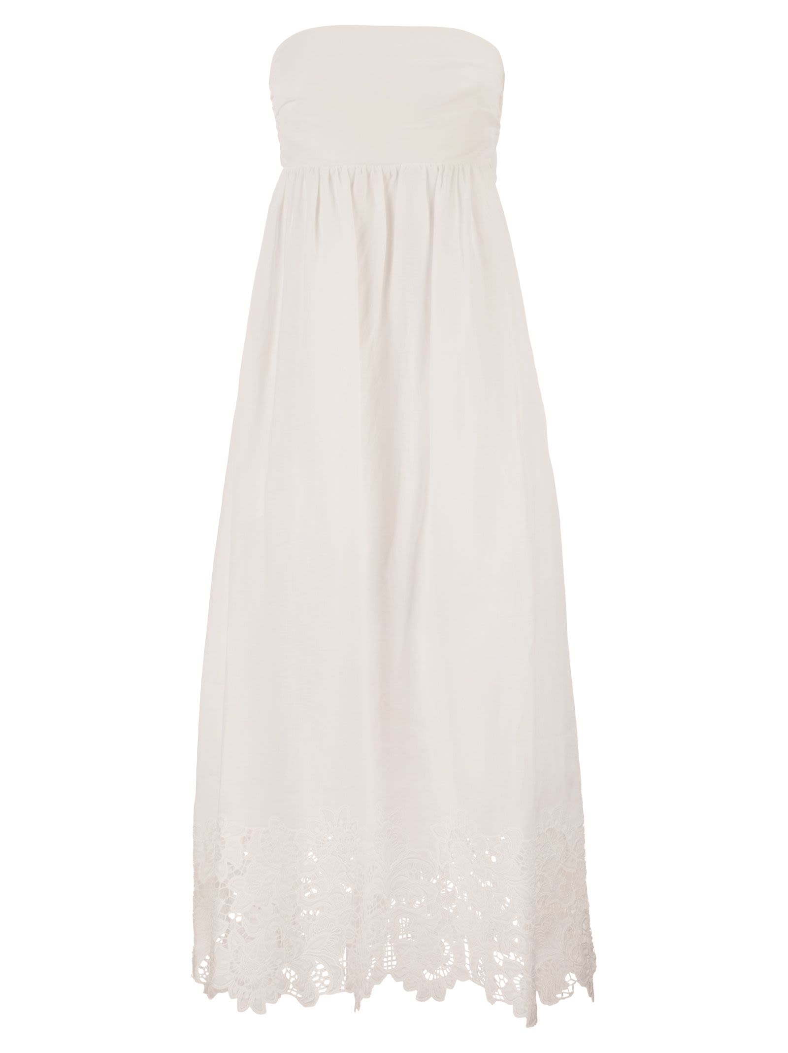 Maxmara Studio Strapless Linen Dress With Embroidered Hem