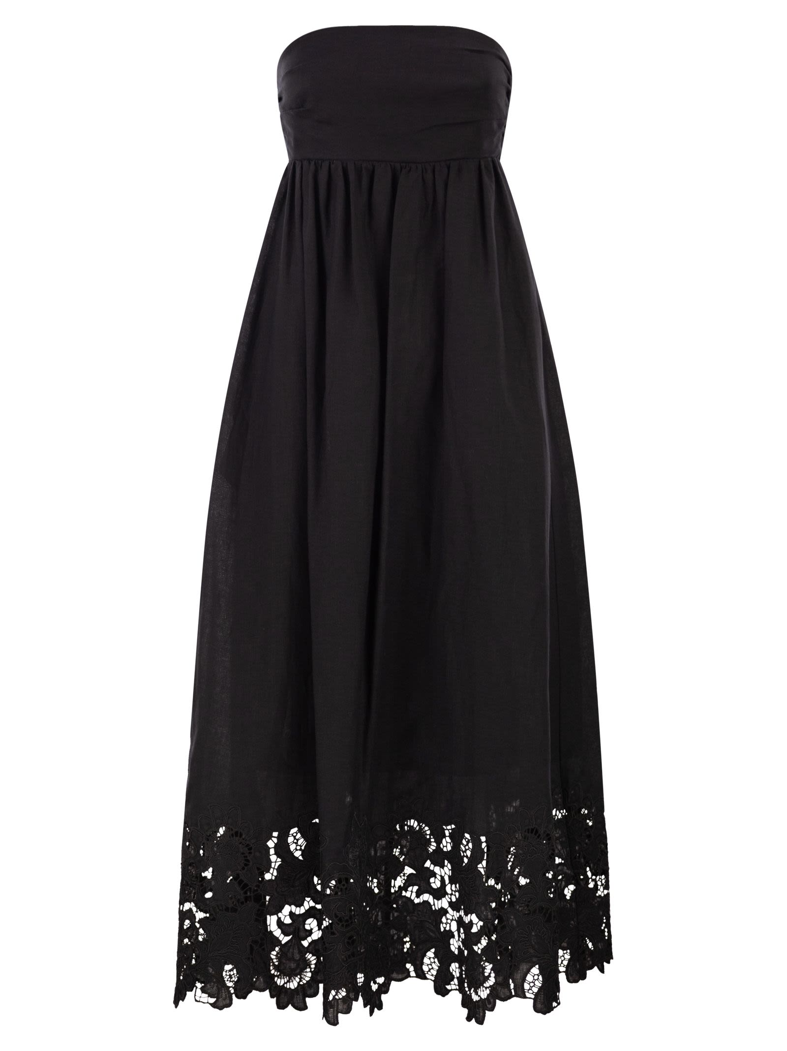 Maxmara Studio Strapless Linen Dress With Embroidered Hem
