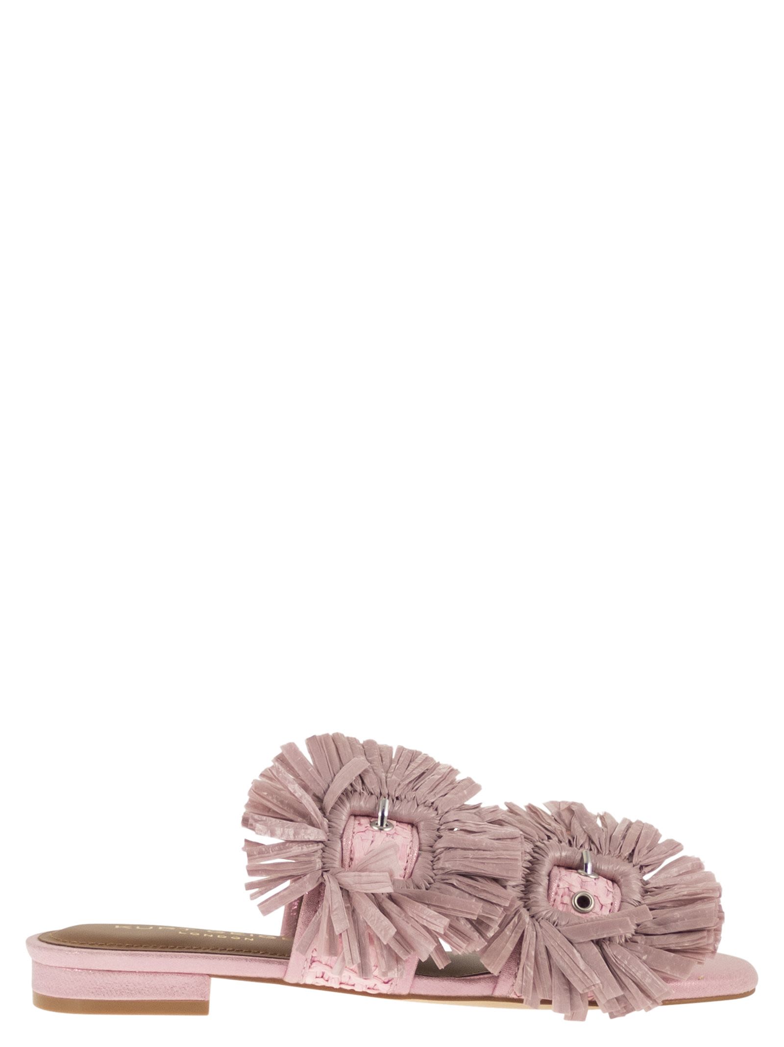 Jewel Flat Sandals In Raffia With Floral Embellishments