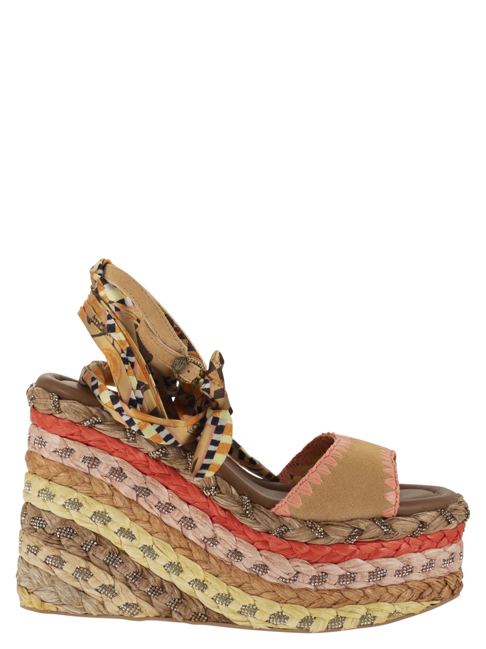 Platform Wedge Sandals With Woven Sole And Printed Ties