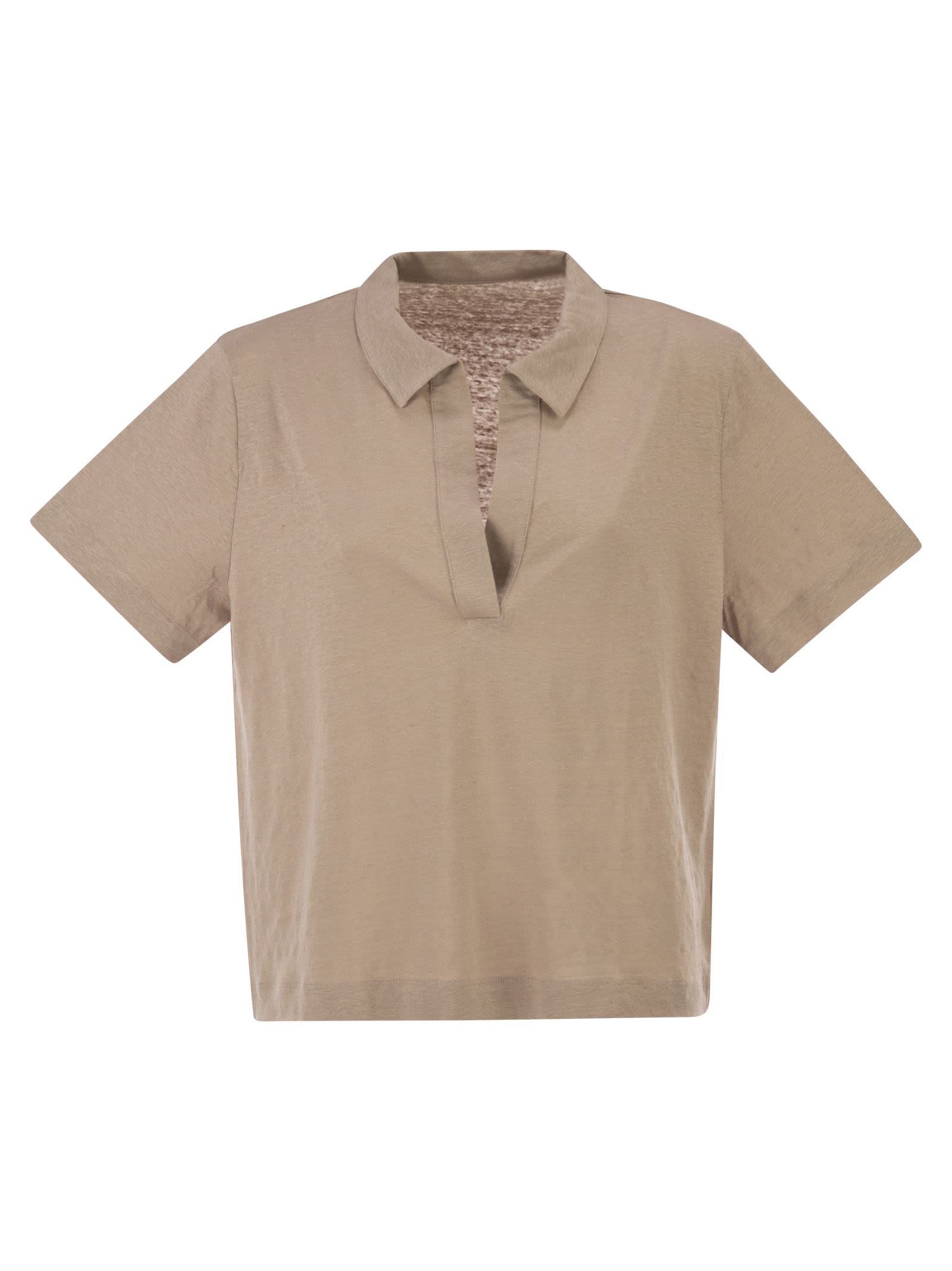 Cropped Linen Stretch Polo With V-Neck