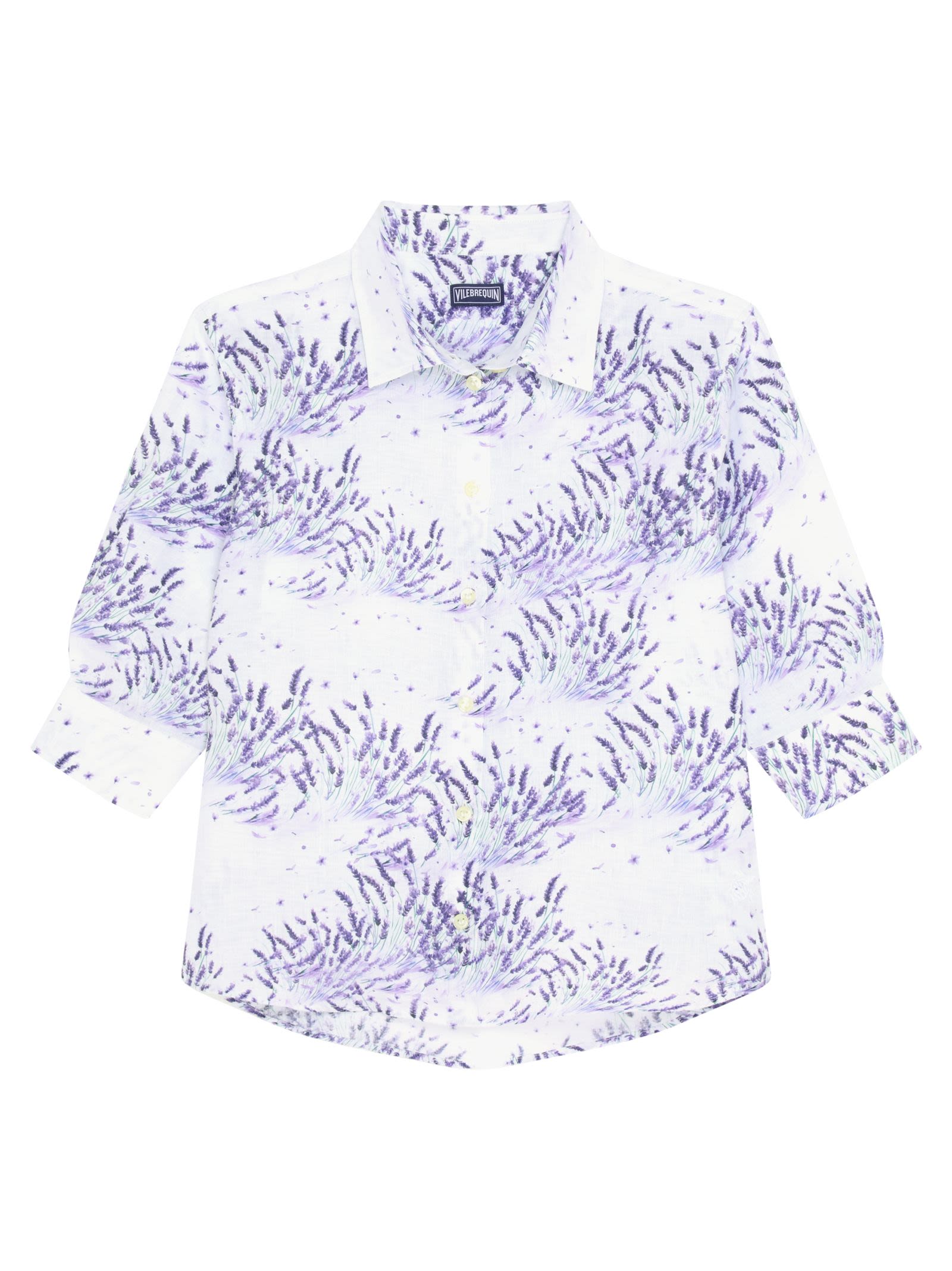 Linen Shirt With Lavender Print And Short Sleeves