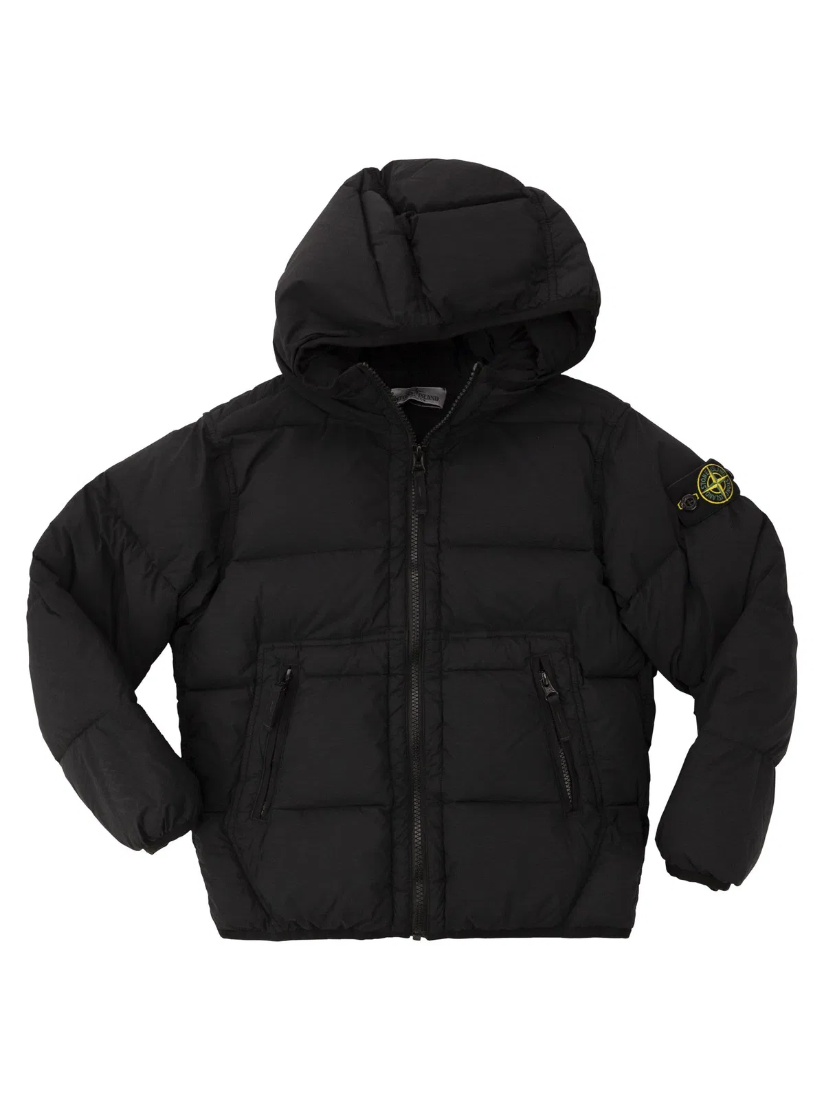 Stretch Nylon Hooded Down Jacket With Compass Badge