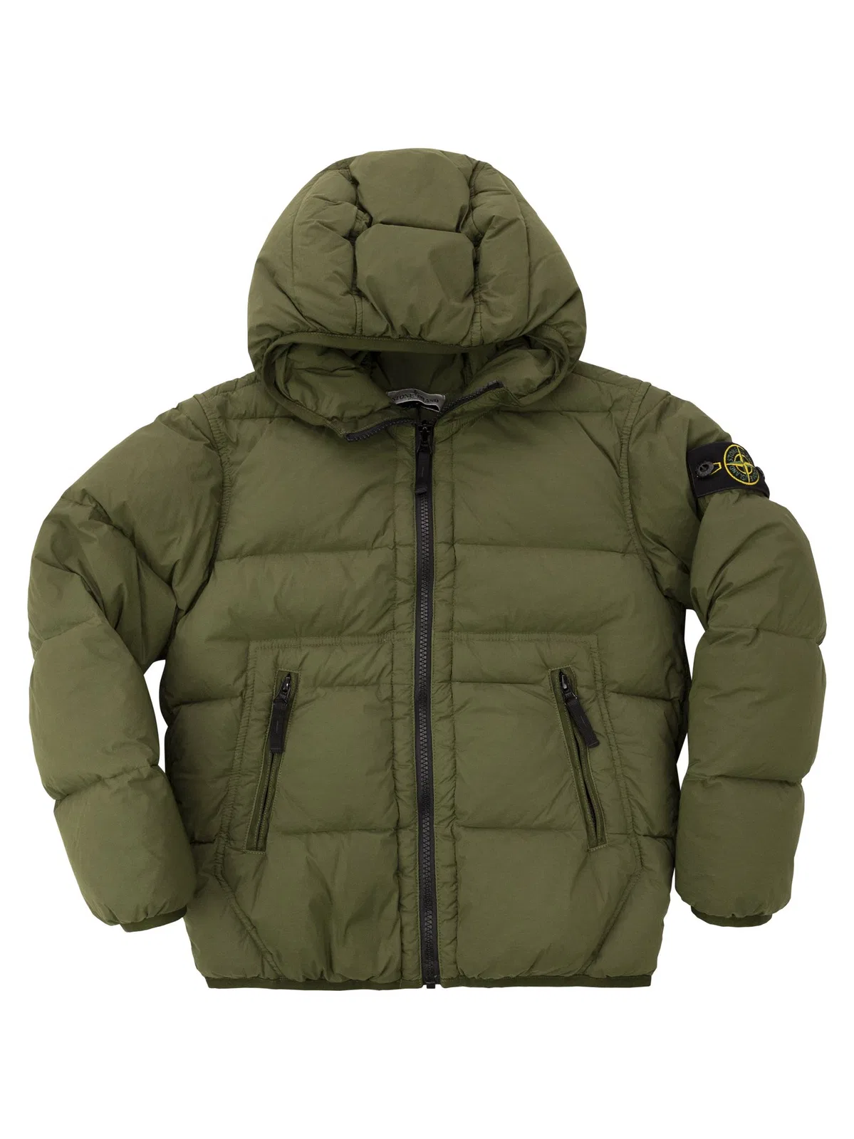 Stretch Nylon Hooded Down Jacket With Compass Badge