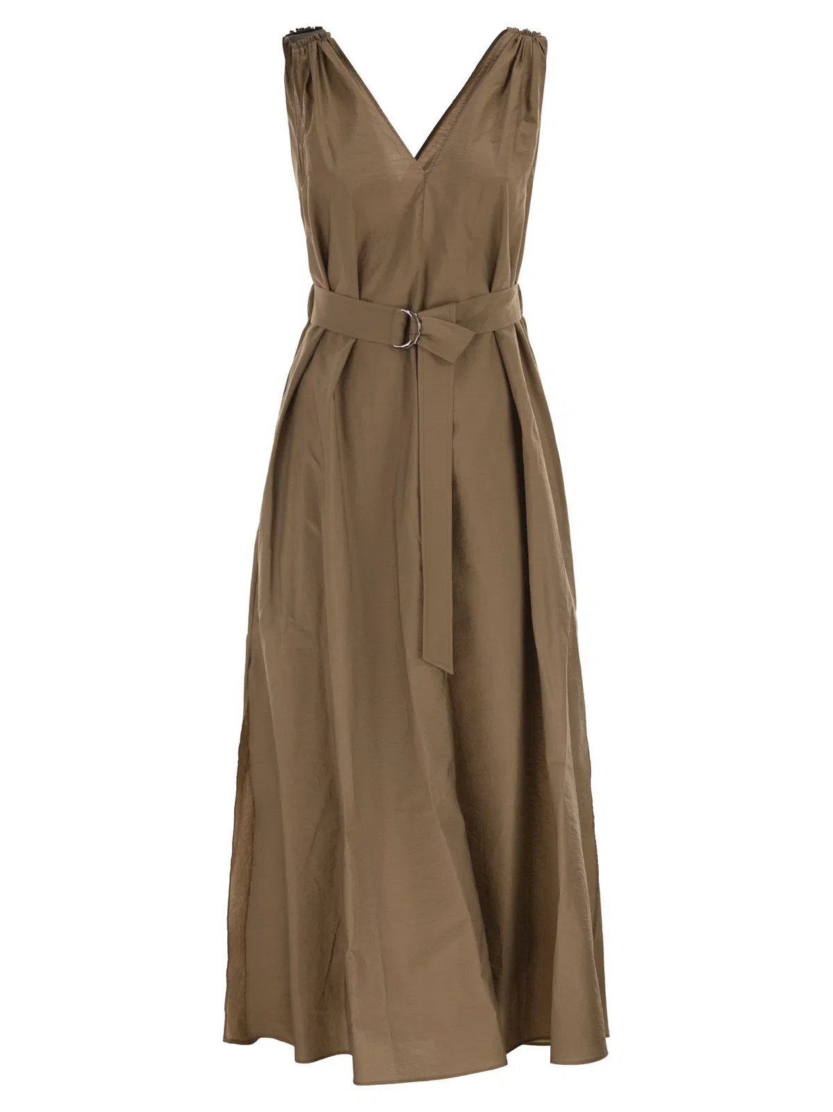 Brunello Cucinelli Techno Cotton Poplin Dress With Belt And Precious Shoulder Detail