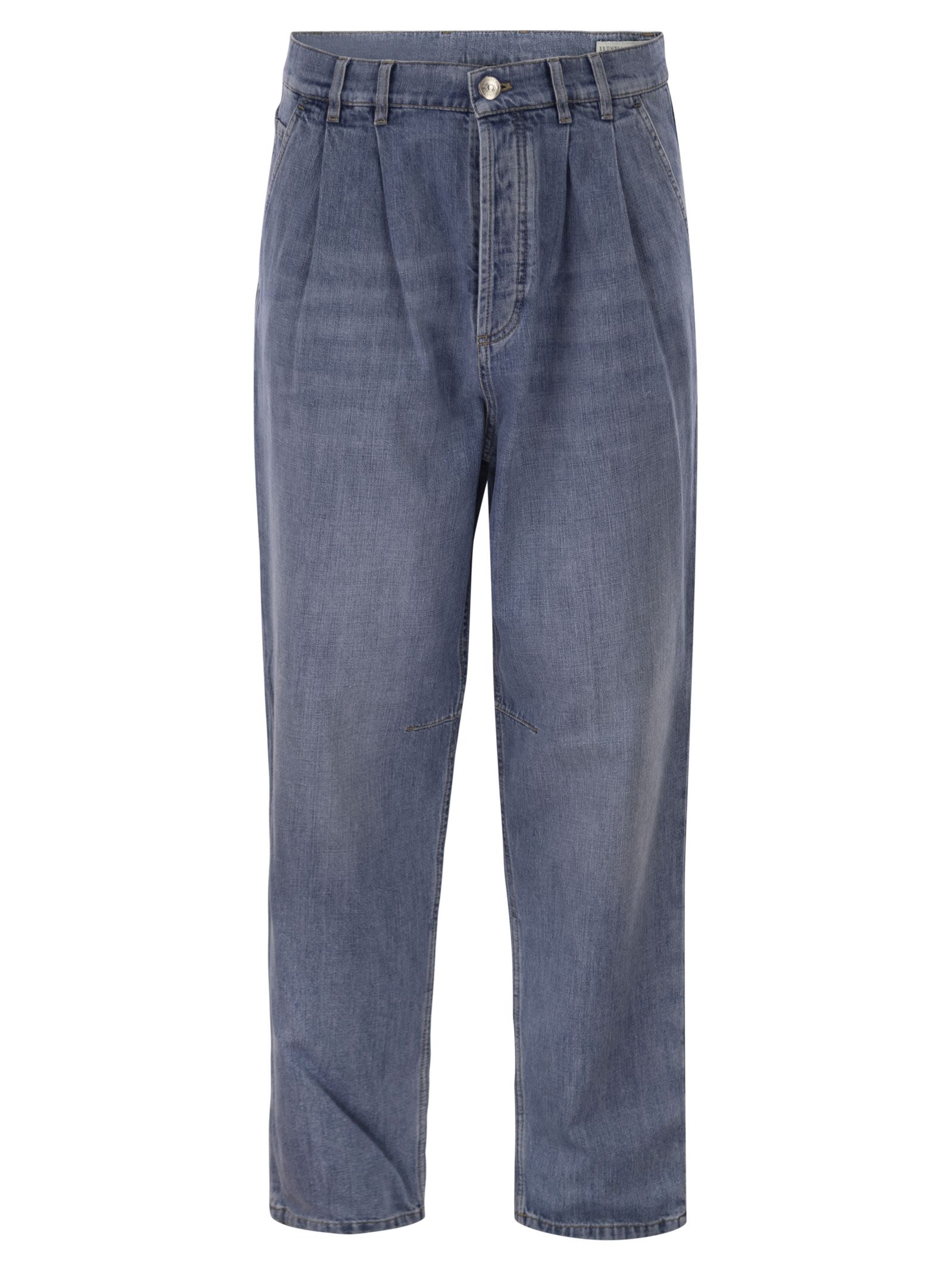 Baggy Jeans In Cotton Denim With Double Pleats