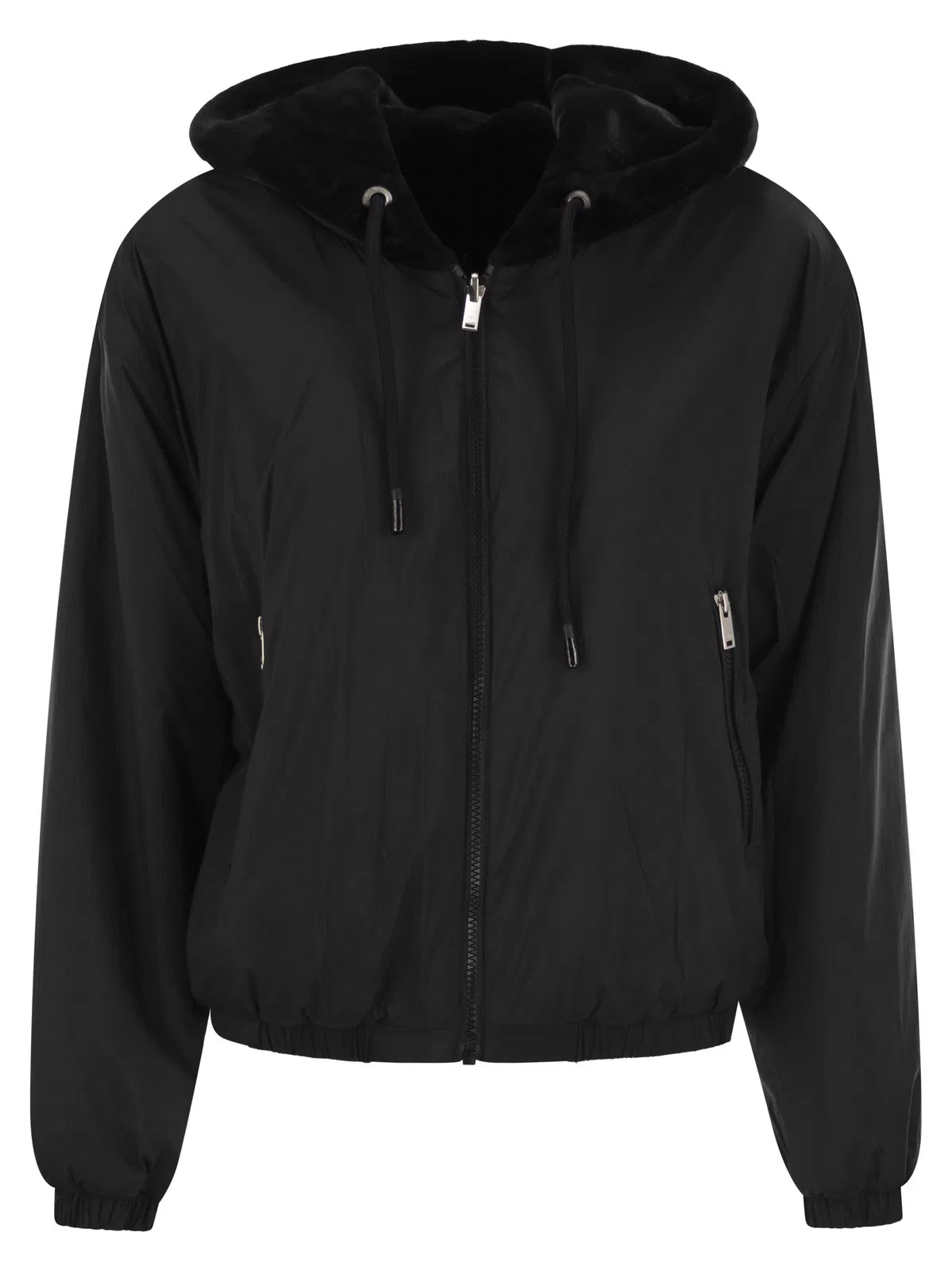 Moose Knuckles Cropped Black Faux Fur Jacket With Plush Hood And Zippered Pockets In Black