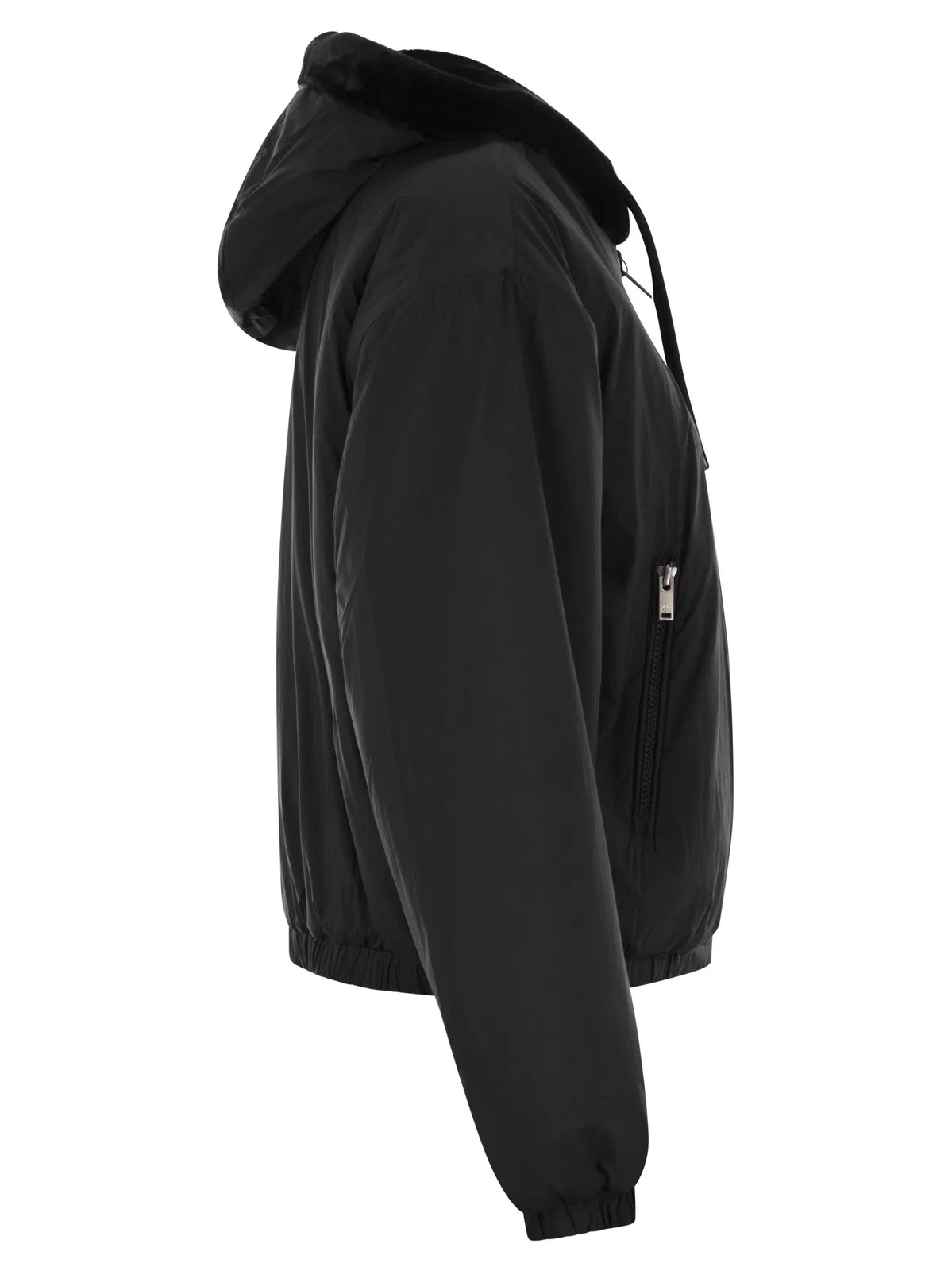 Moose Knuckles Cropped Black Faux Fur Jacket With Plush Hood And Zippered Pockets In Black