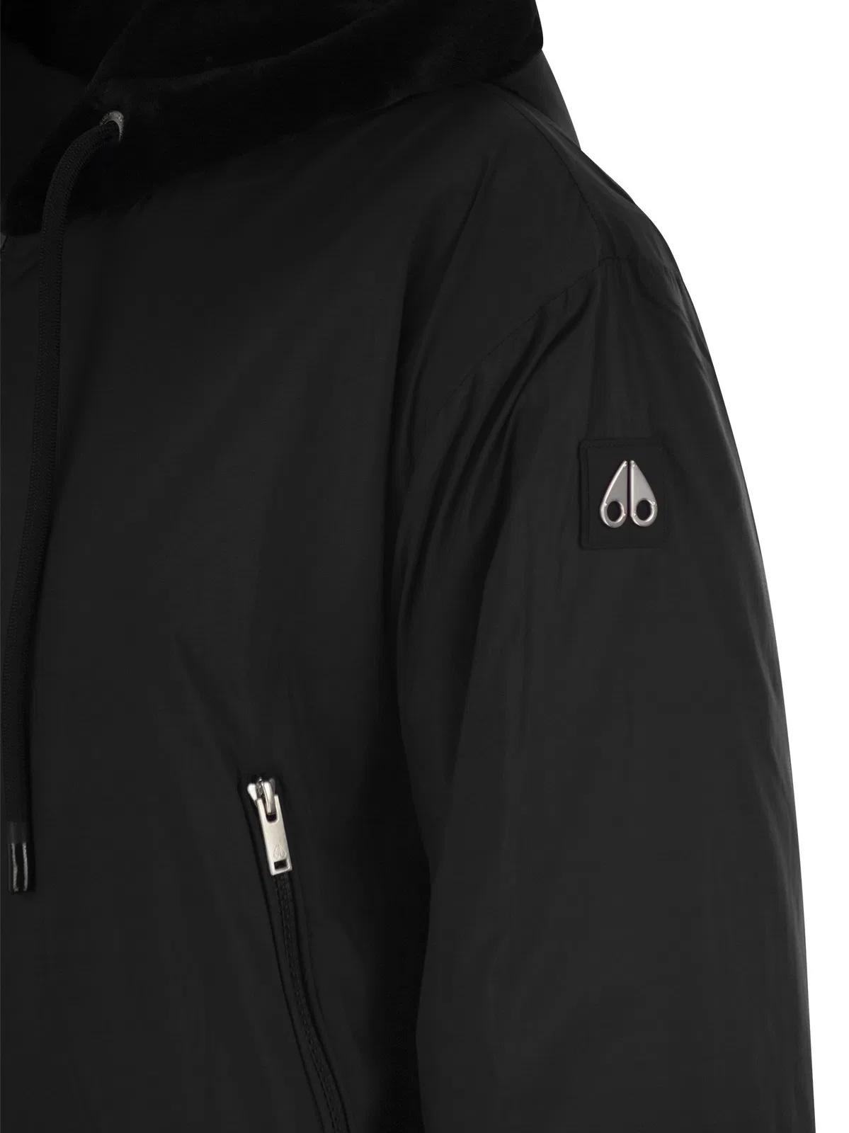 Moose Knuckles Cropped Black Faux Fur Jacket With Plush Hood And Zippered Pockets In Black