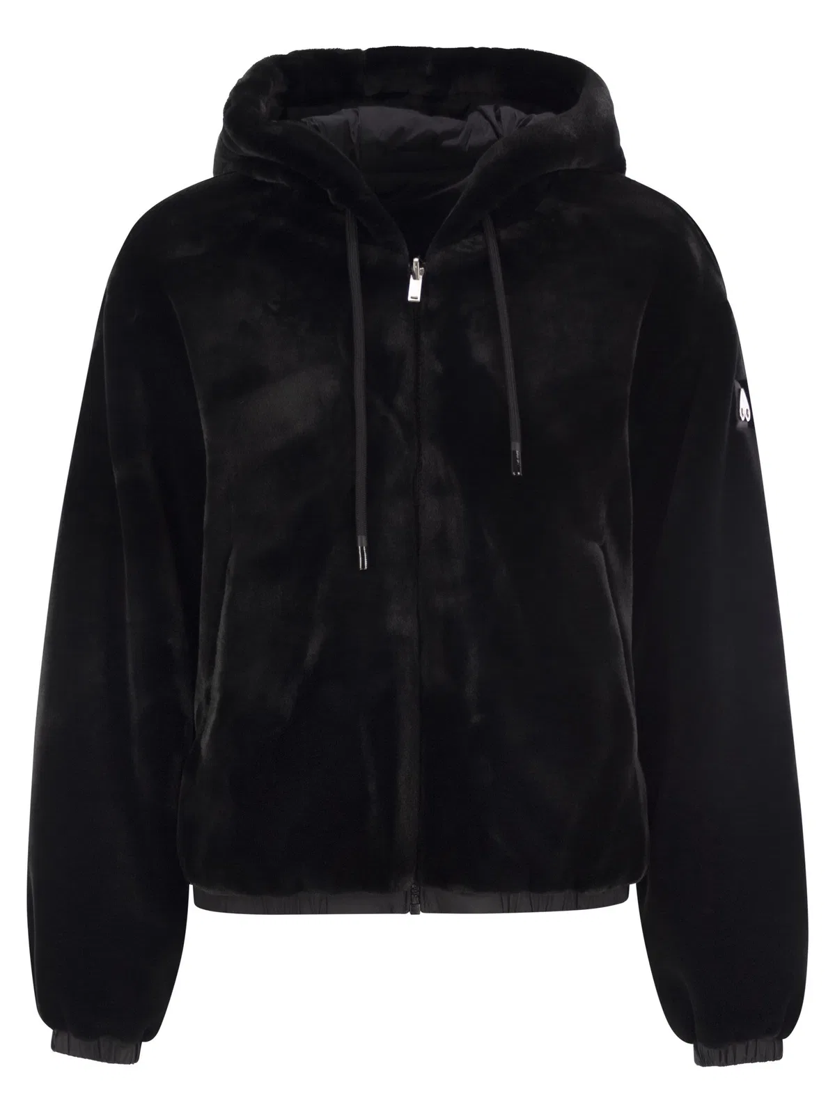 Moose Knuckles Cropped Black Faux Fur Jacket With Plush Hood And Zippered Pockets In Black