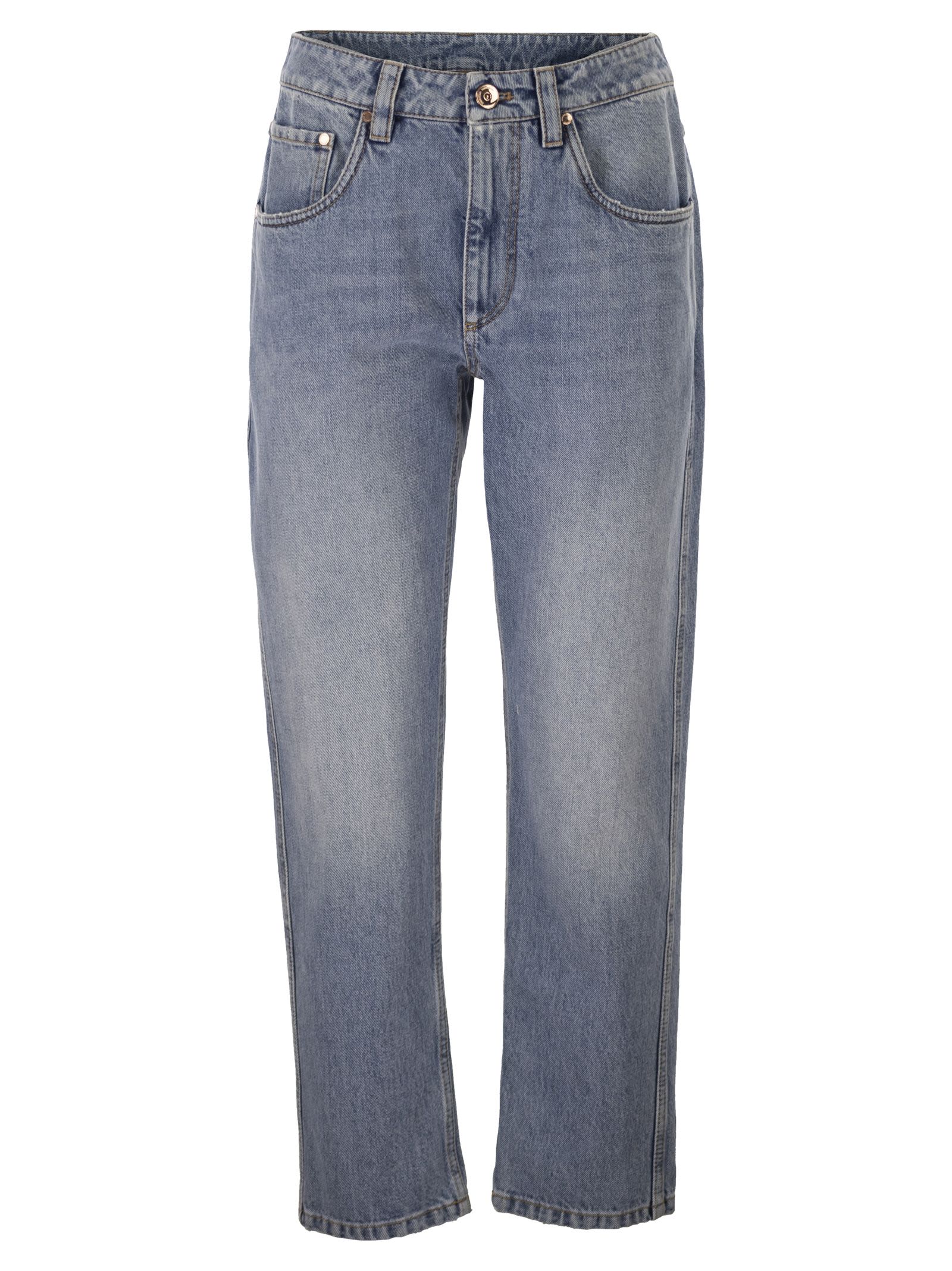 Straight Trousers In Authentic Denim With Shiny Bartack