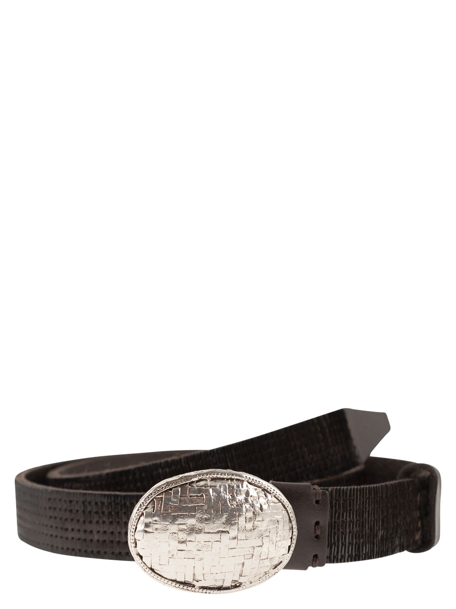 Embossed Leather Belt With Oval Buckle