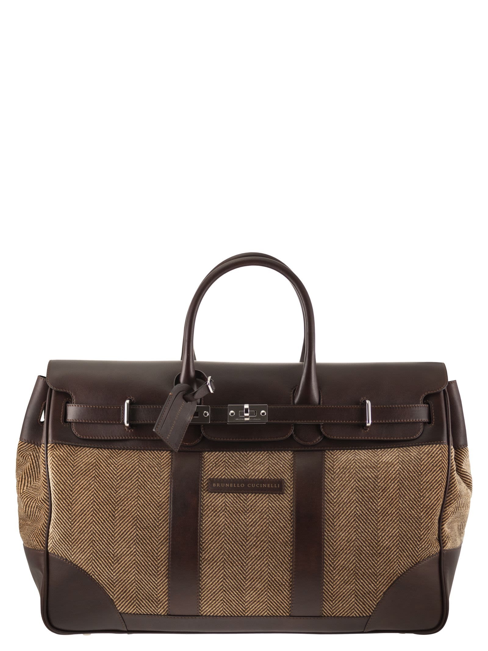Herringbone Fabric And Leather Weekender Bag