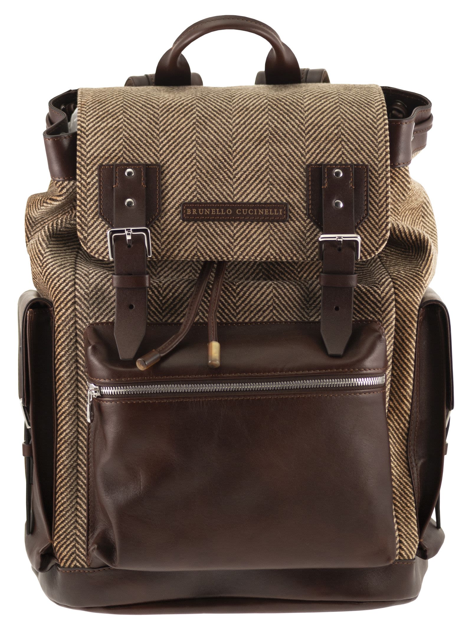 Herringbone-Texture Backpack With Leather Trims