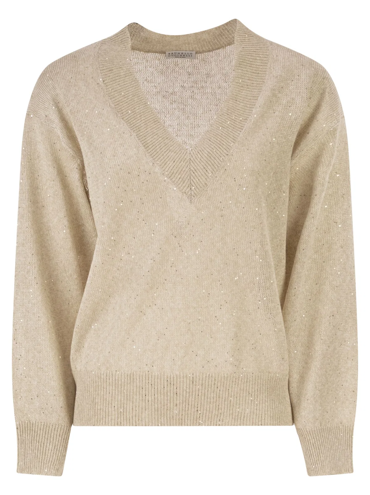 Brunello Cucinelli V-Neck Linen And Cotton Jumper With Sequins And Long Sleeves
