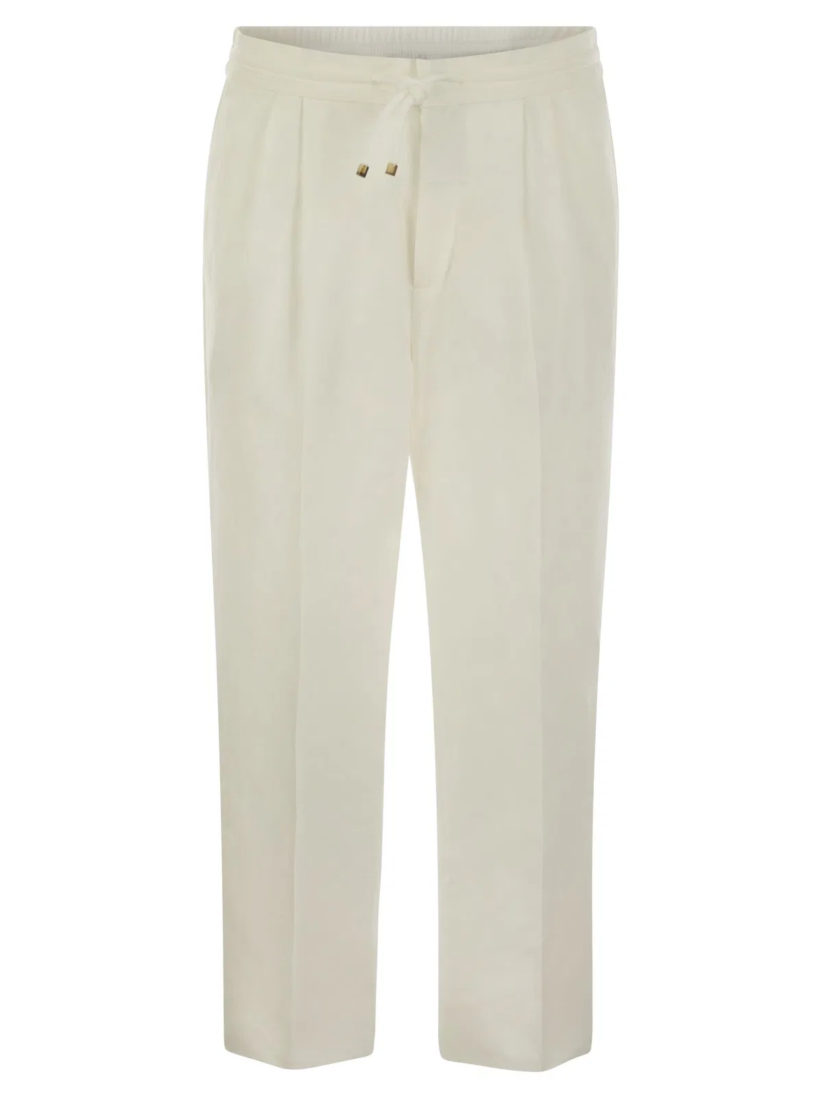 Brunello Cucinelli Leisure Fit Trousers In Linen And Cotton Gabardine With Drawstring And Double Darts