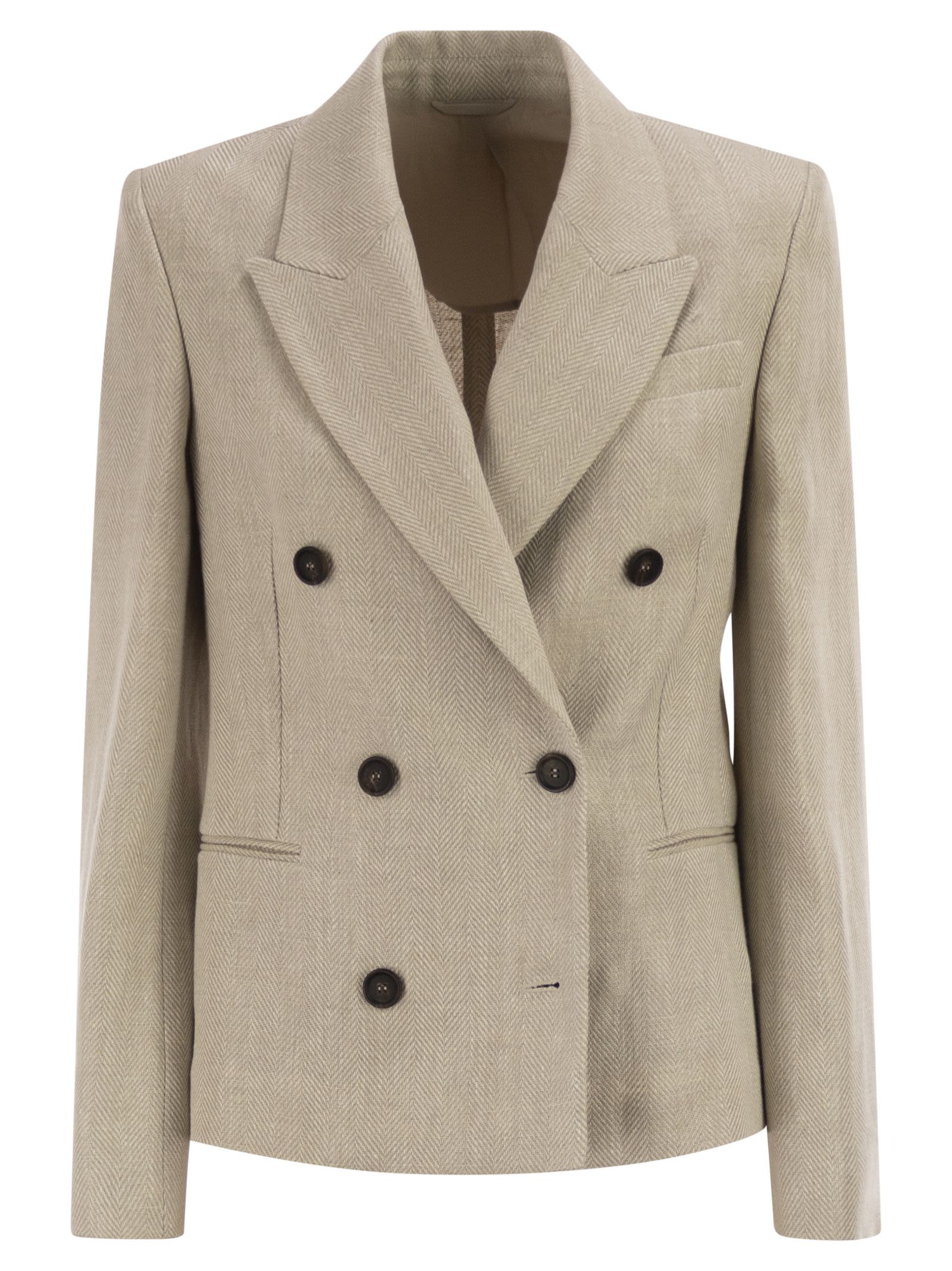 Double-Breasted Jacket In Linen And Cotton With Chevron Pattern