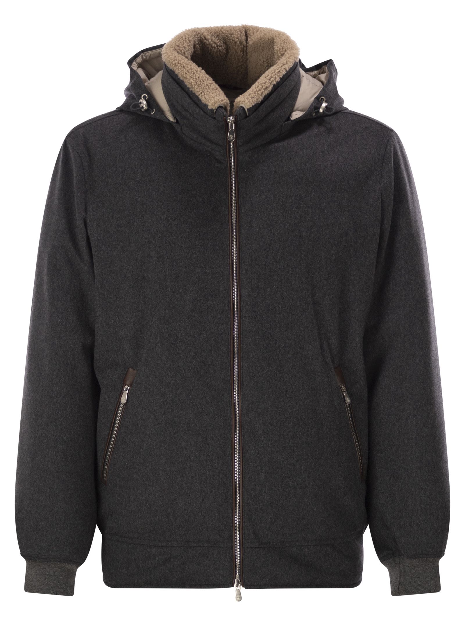 Membranated Wool Flannel Down Jacket With Shearling-Lined Collar