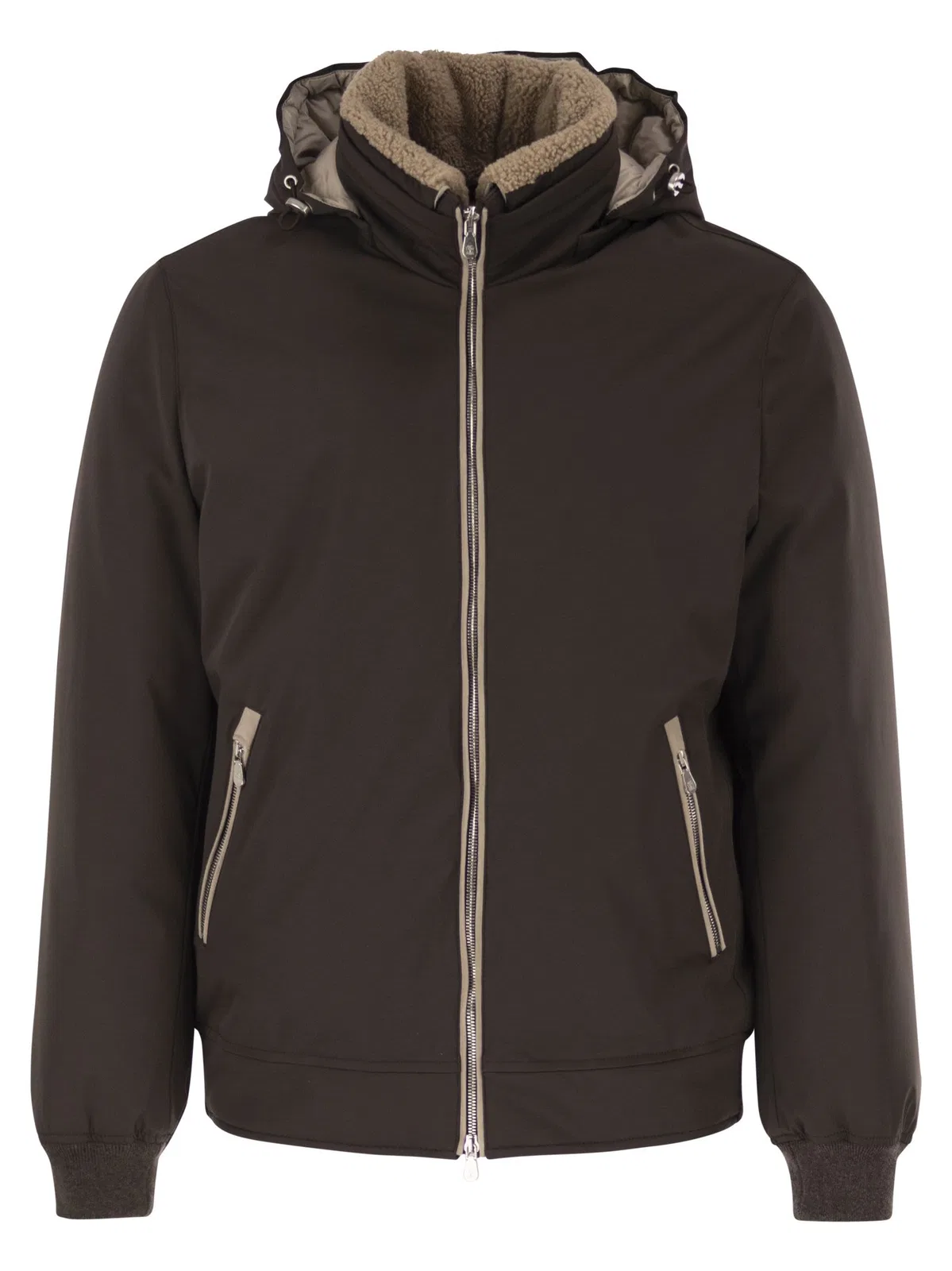 Padded Hooded Bomber Jacket With Shearling Details