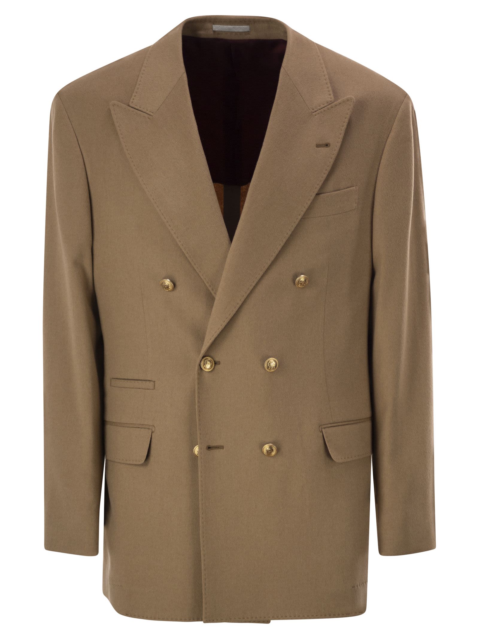 Double-Breasted Pure Camel Hair Blazer With Gold-Tone Buttons