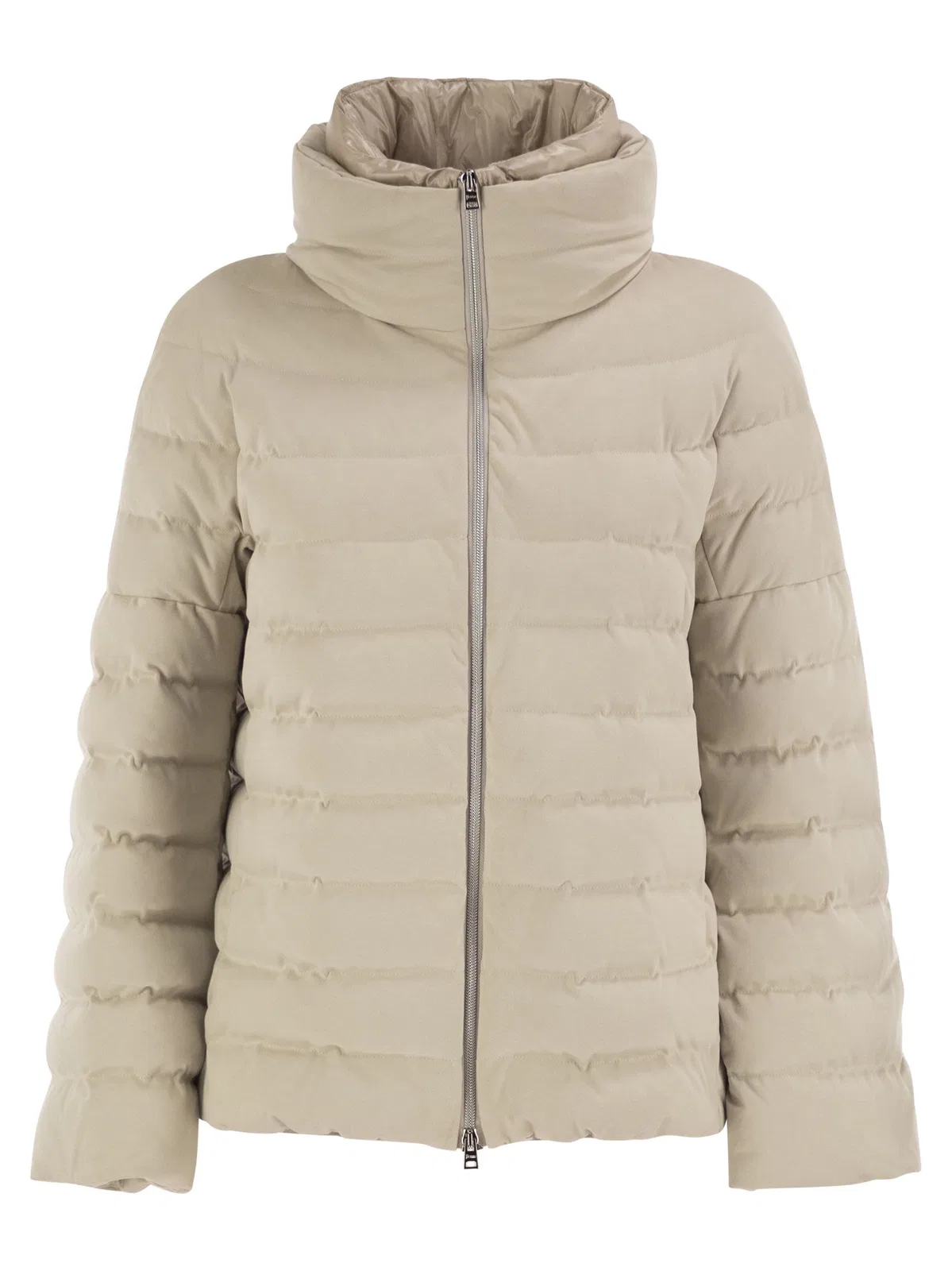 Technical Suede-Effect Down Jacket With Padded High Collar