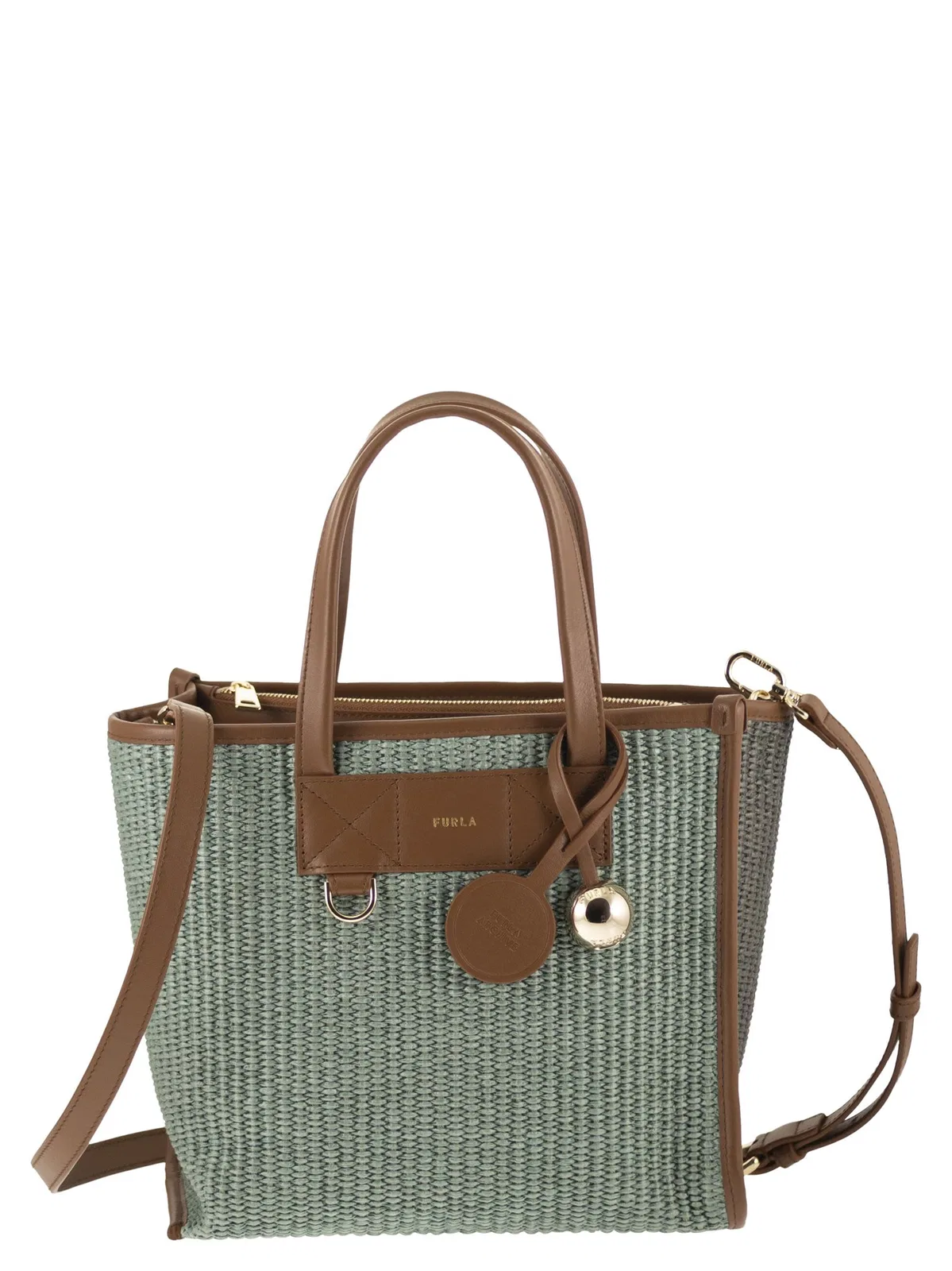 Furla Divide It S – Tote Bag In Leather And Woven Fabric In Green