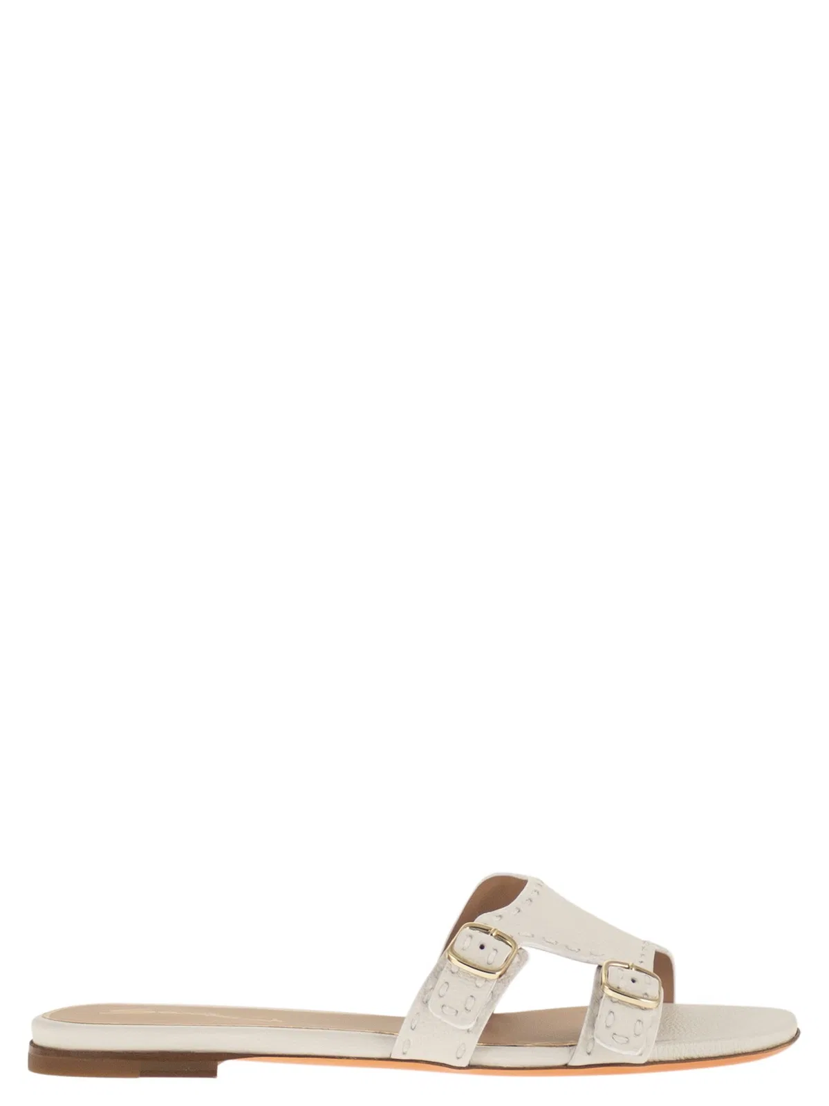 Santoni Leather Flat Sandals With Double Buckle Straps